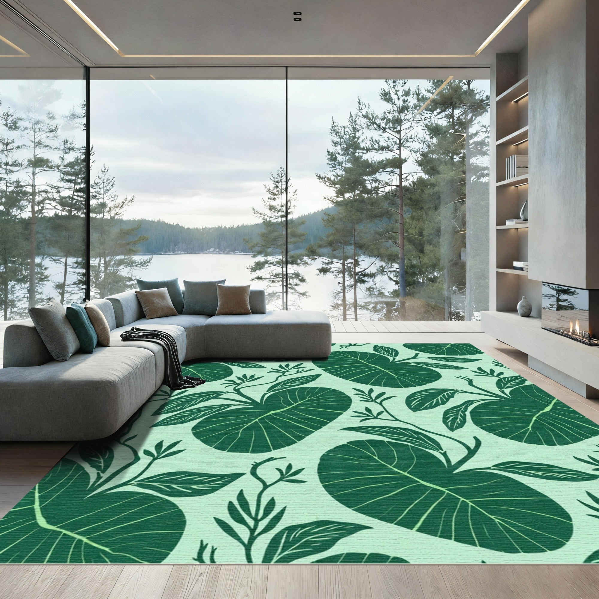 Deep Green Tropical Leaf Collage Rug