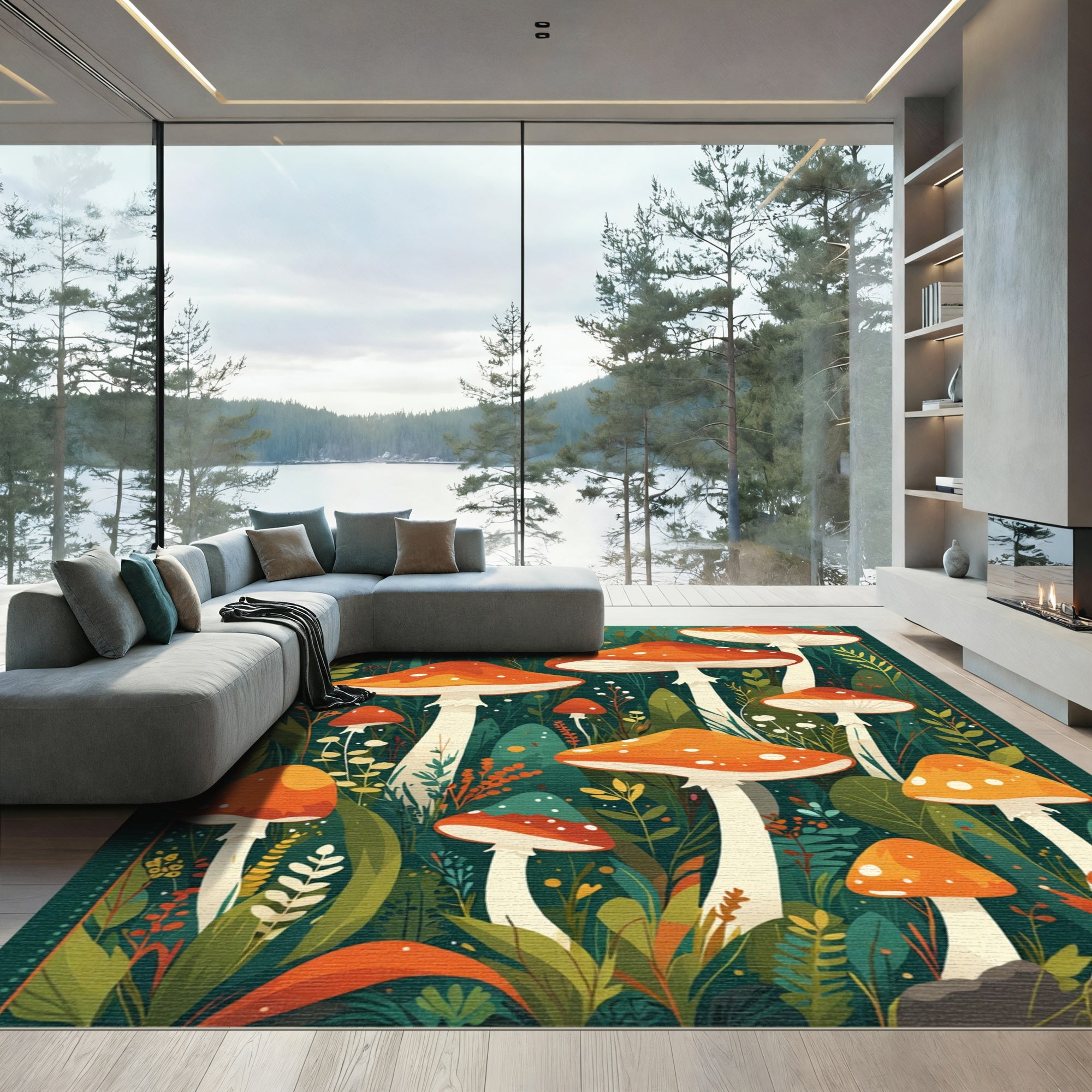 Whimsical Orange Woodland Mushroom Gathering Rug