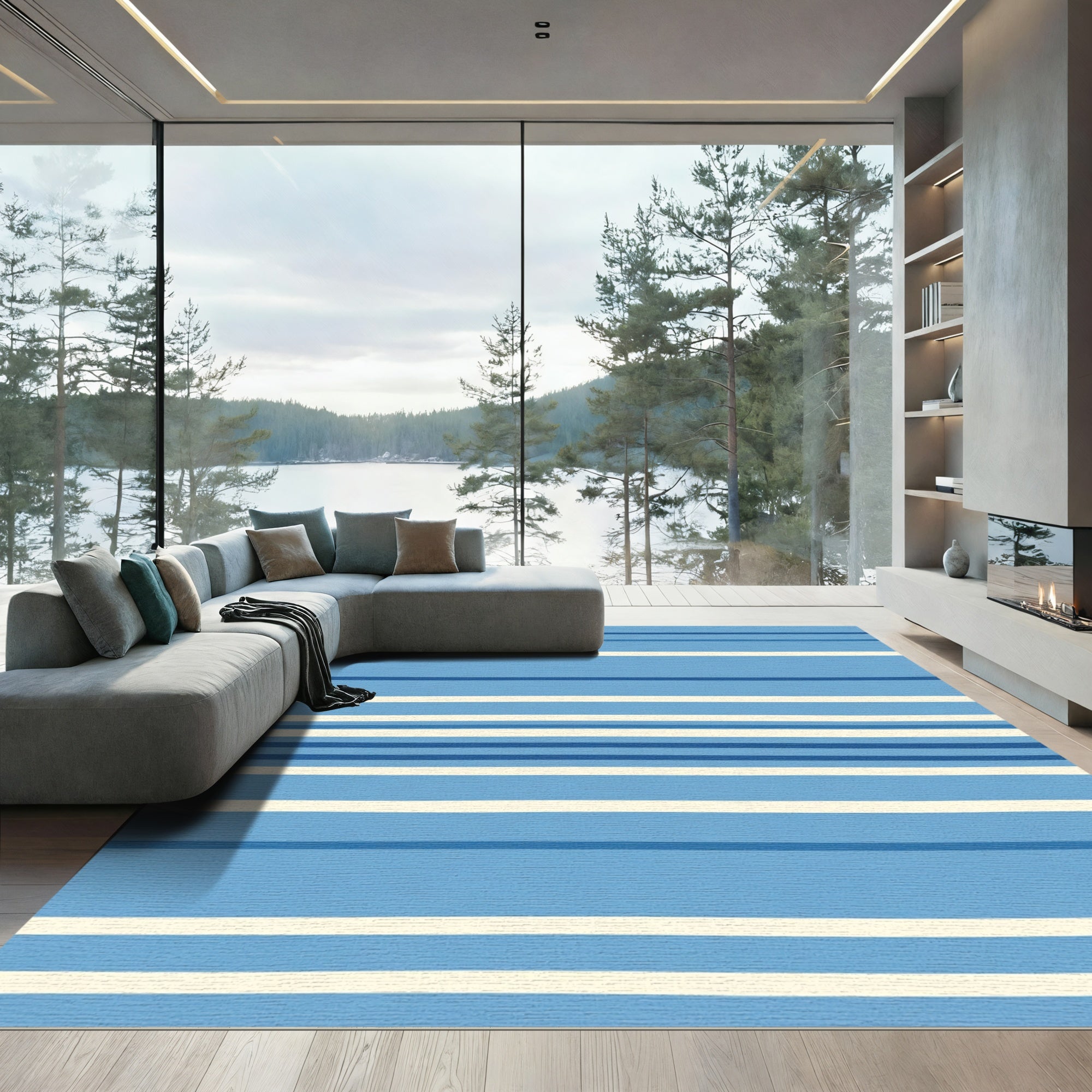 Coastal Blue Cream Striped Horizon Rug