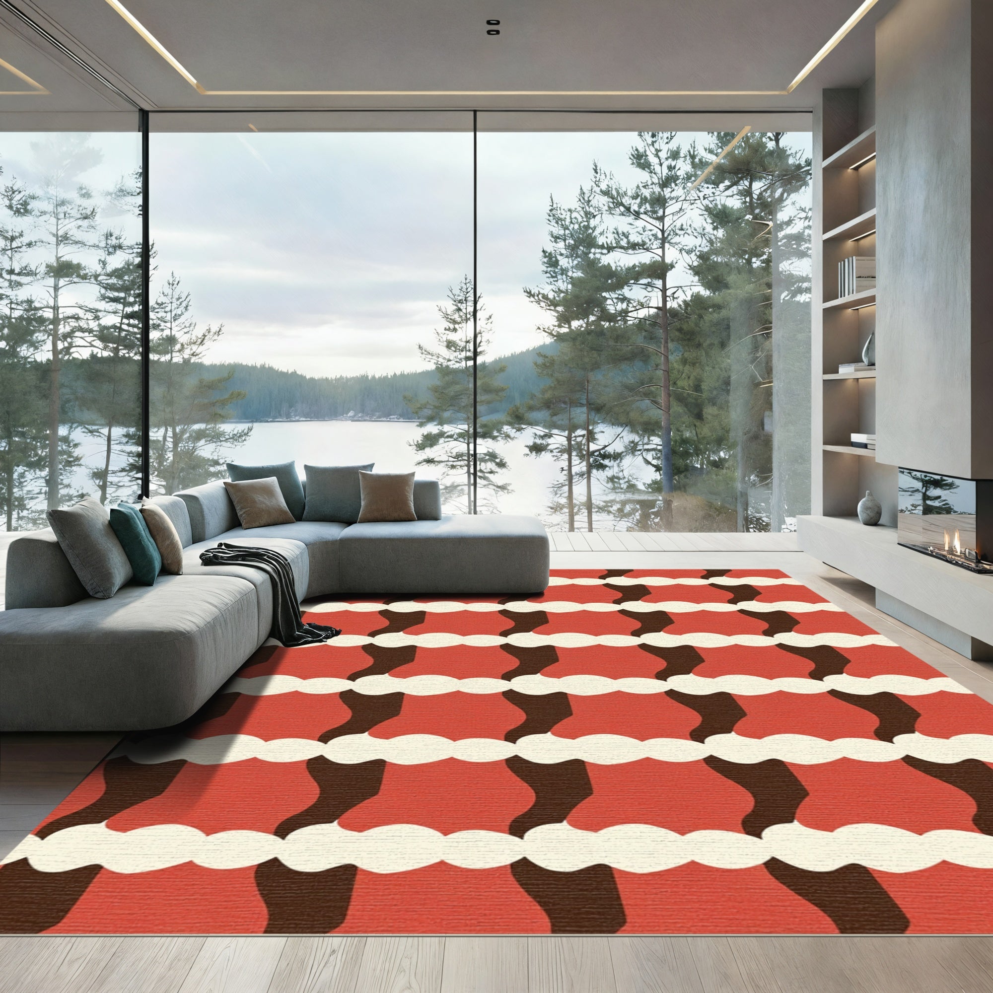 Terracotta Red Abstract Wave Rug