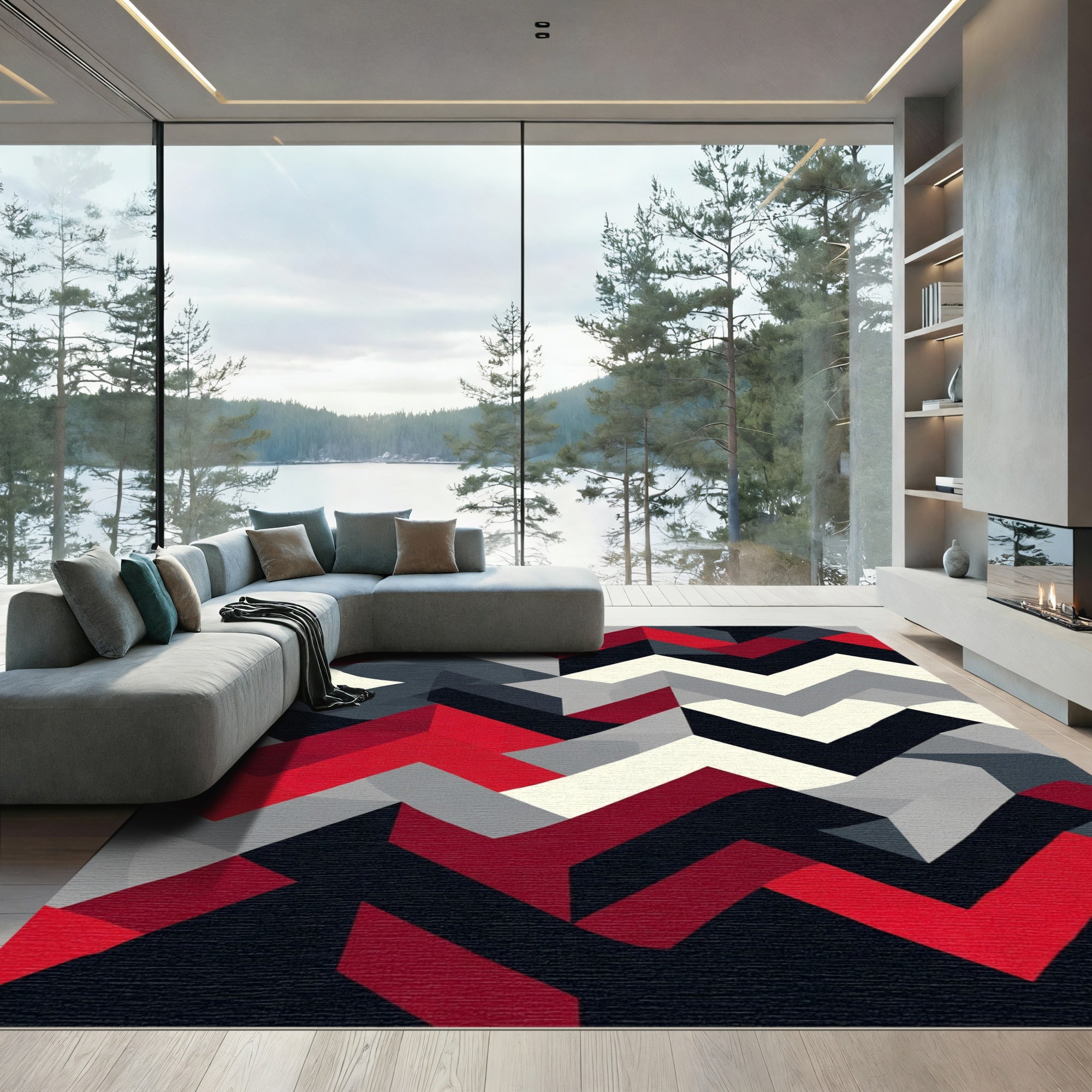 Bold Red Black Gray Chevron Rug