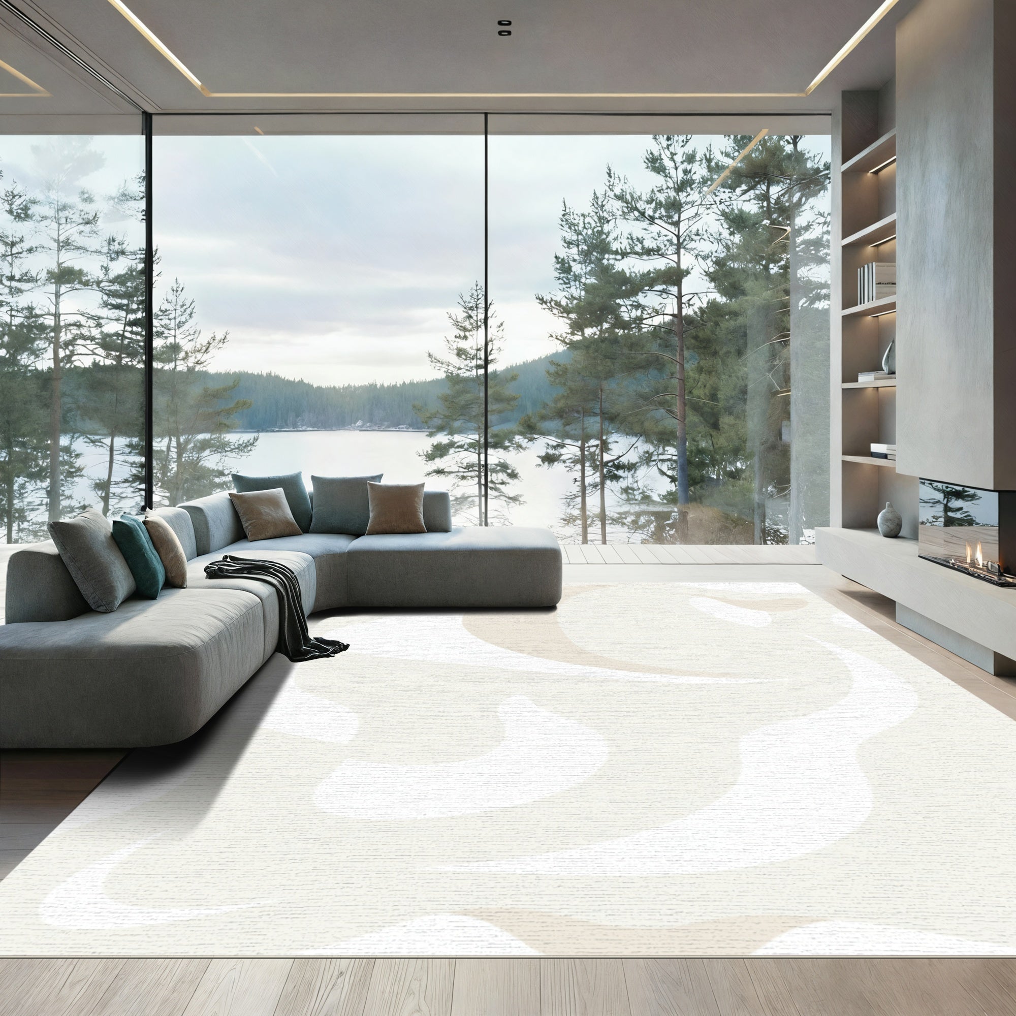 Cream Contemporary Abstract Fluid Rug