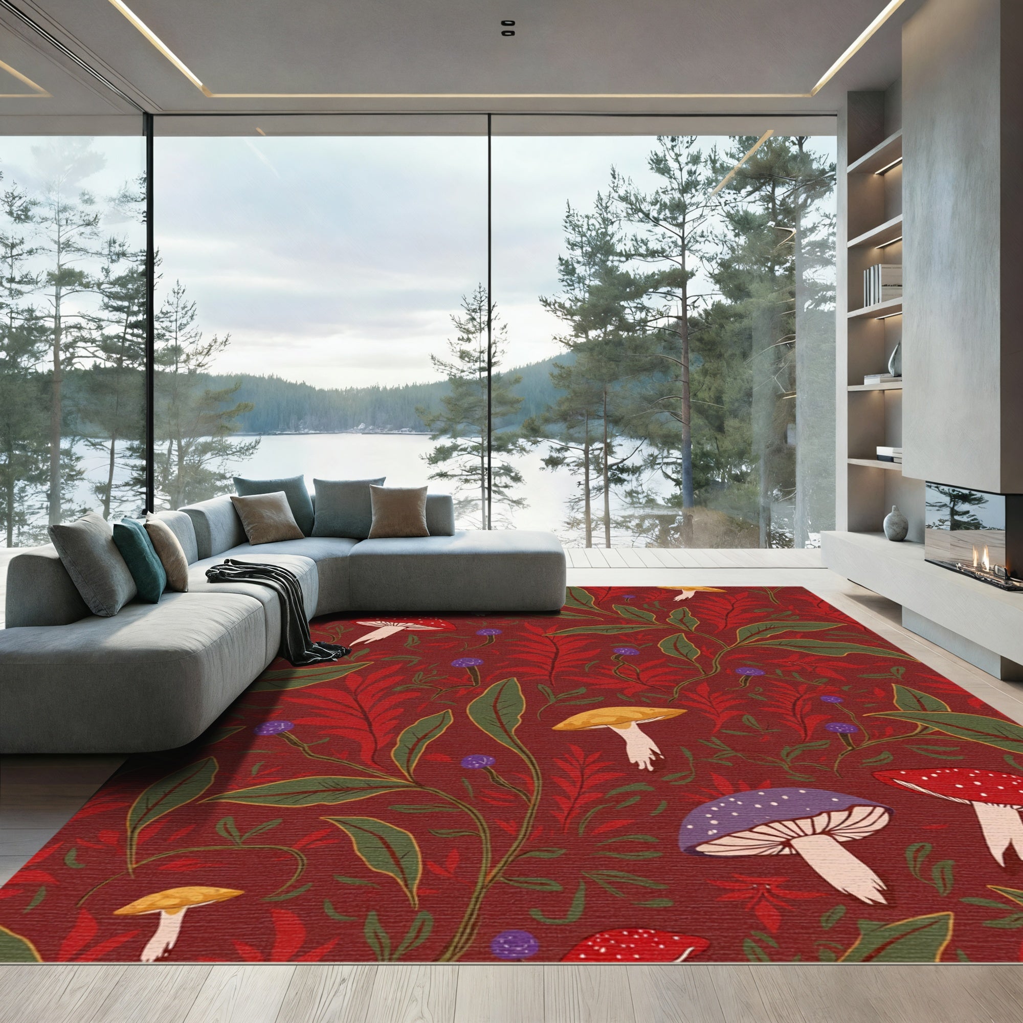 Whimsical Mushroom Folklore Red Rug