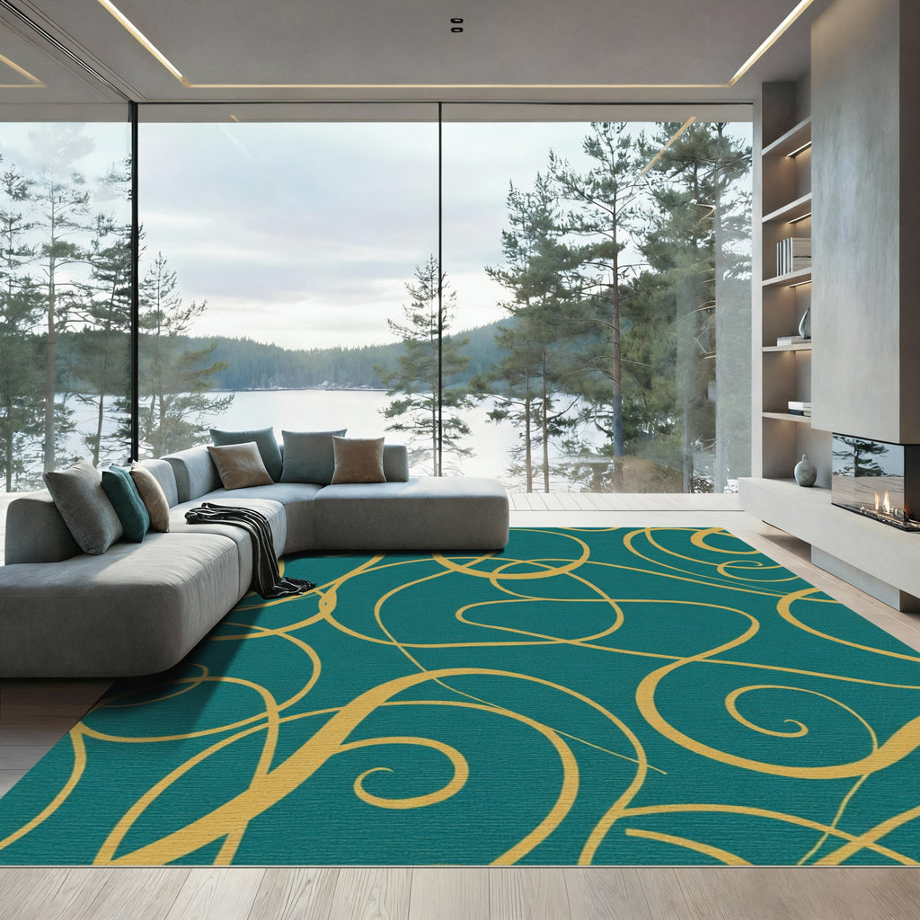 Teal Gold Swirling Lines Rug