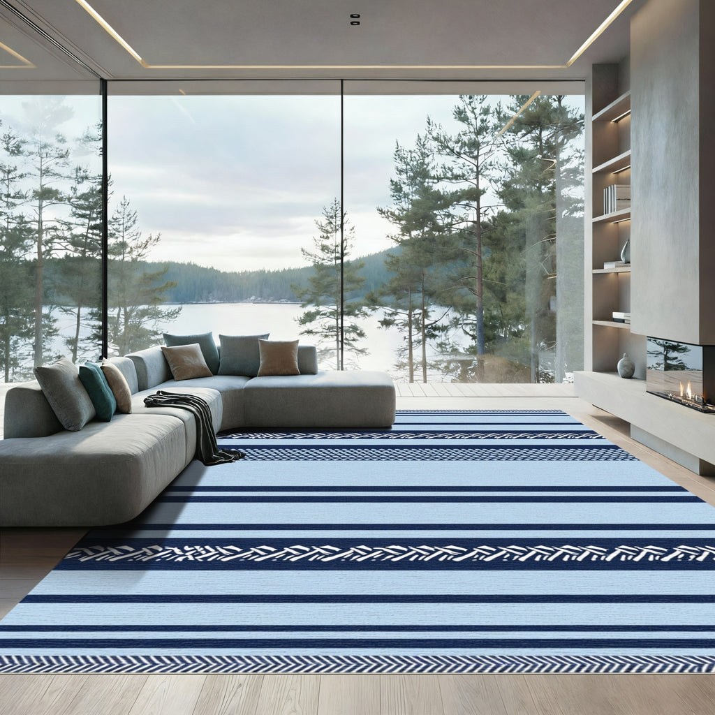 Light Blue Navy Multi Stripe Herringbone Rug