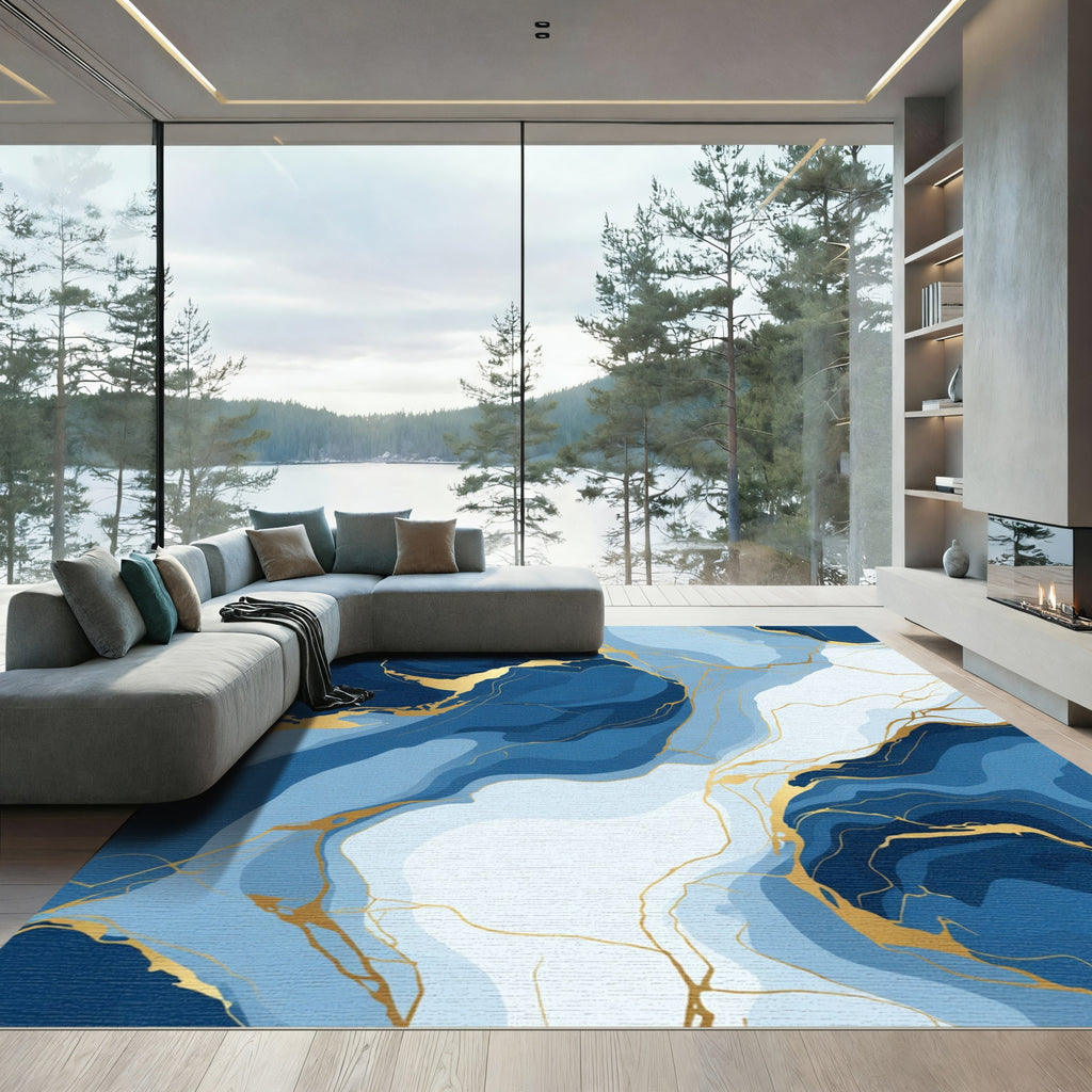 Deep Blue Agate Veined Abstract Rug