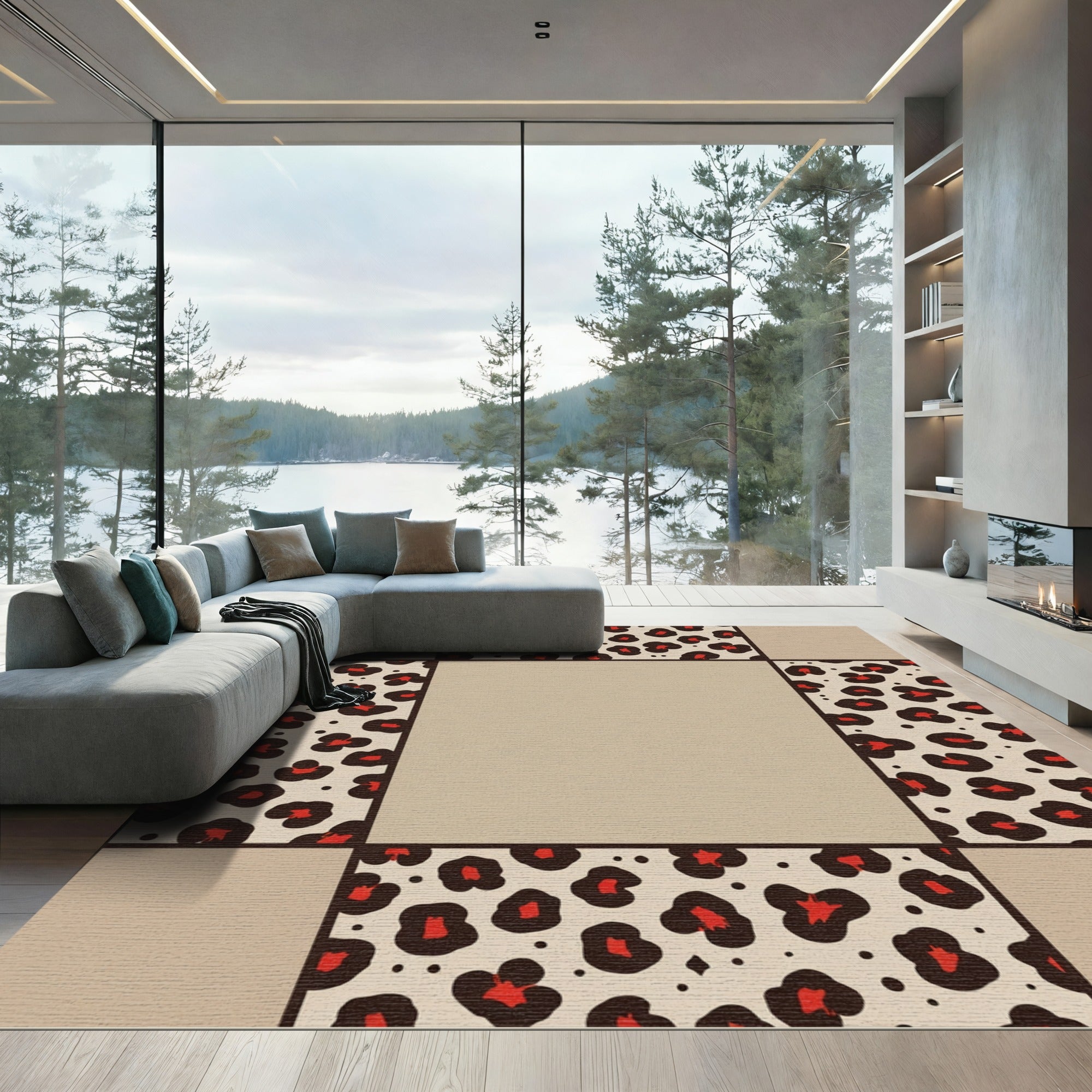 Bold Red Leopard Spots Border Rug