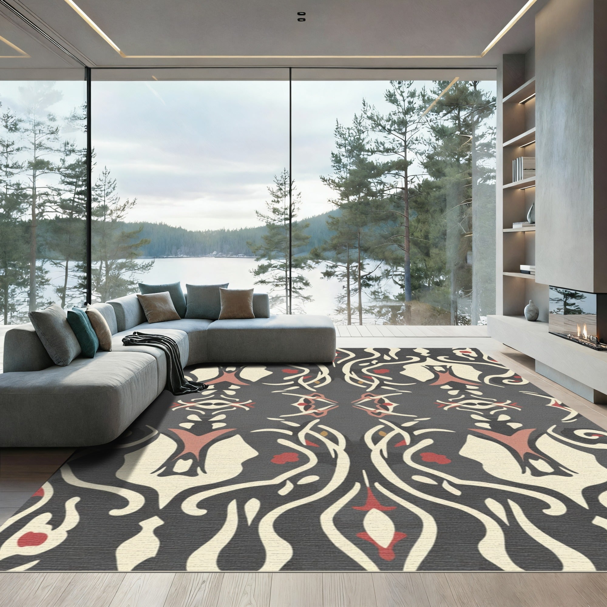 Antique Crimson Ivory Scrollwork Rug