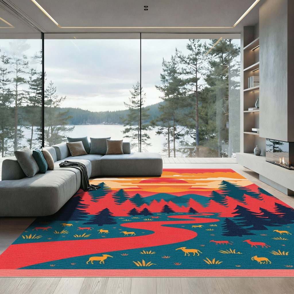 Vibrant Sunset Forest Landscape Herd Rug