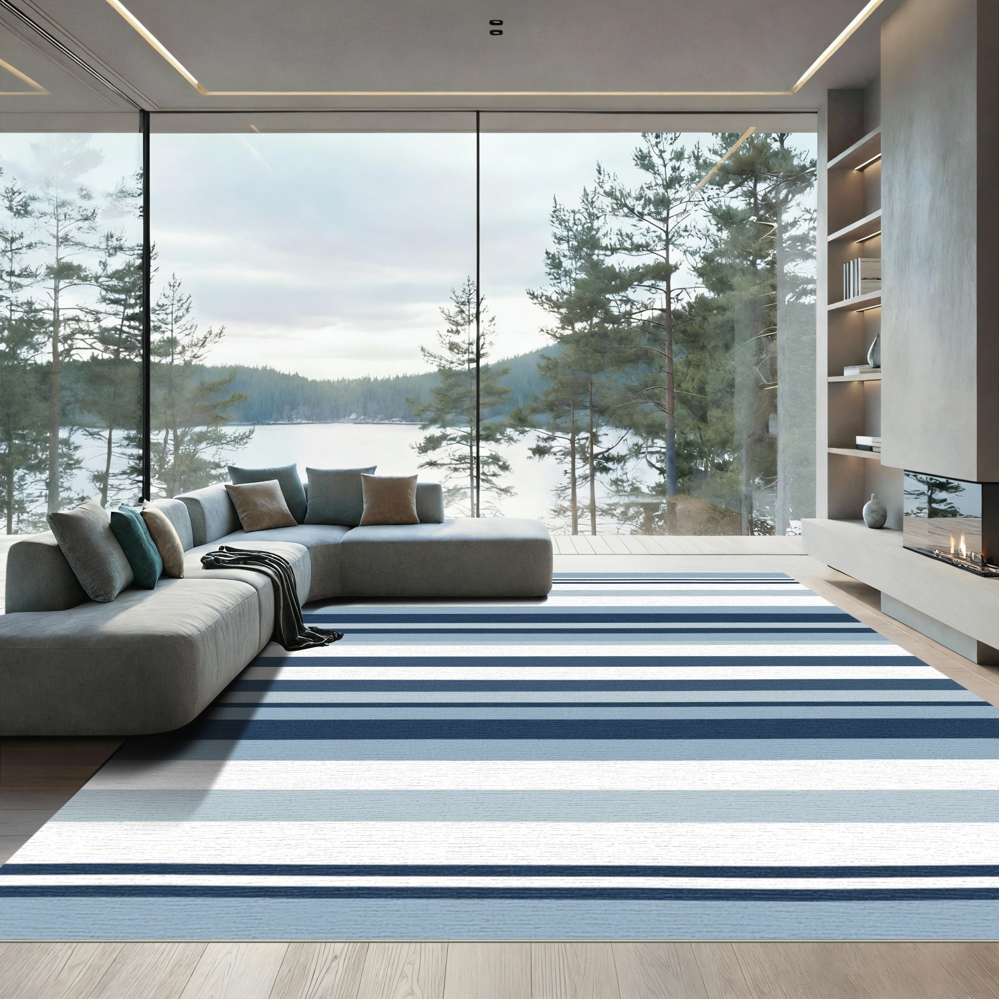 Deep Blue White Horizontal Stripe Rug