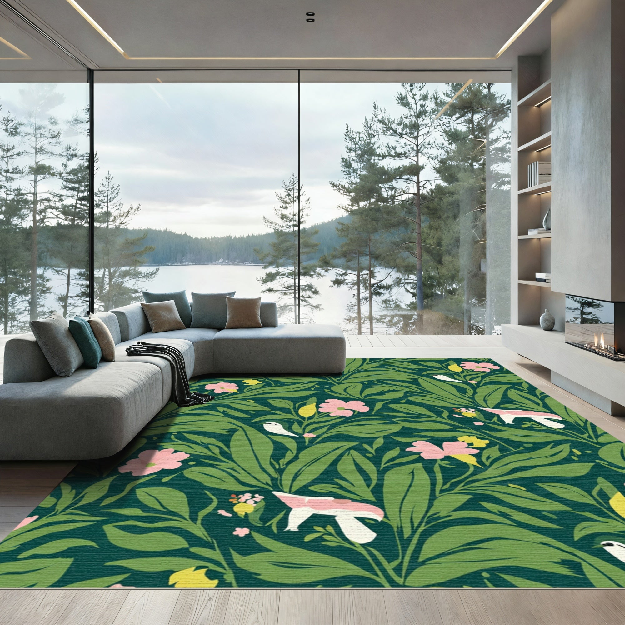 Whimsical Pink Floral Green Leaf Birds Rug