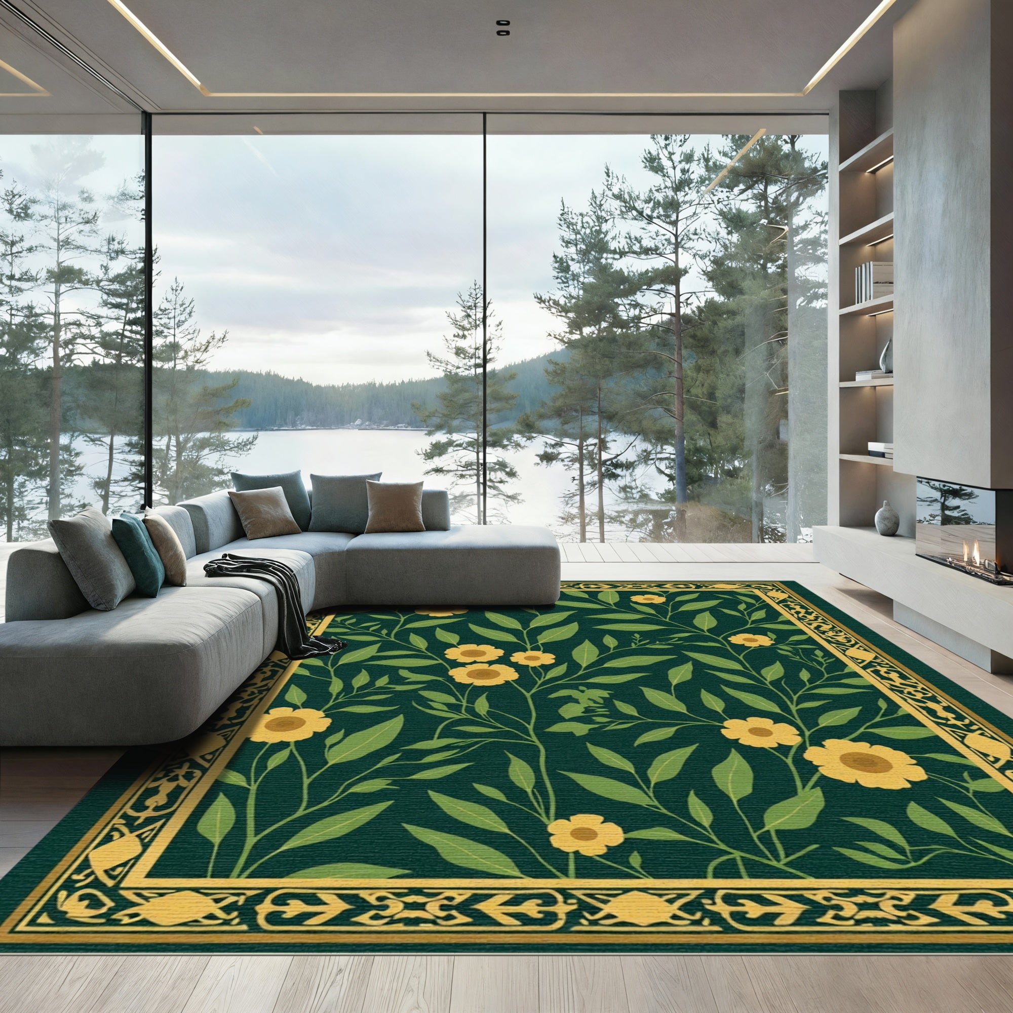 Emerald Yellow Floral Garden Border Rug