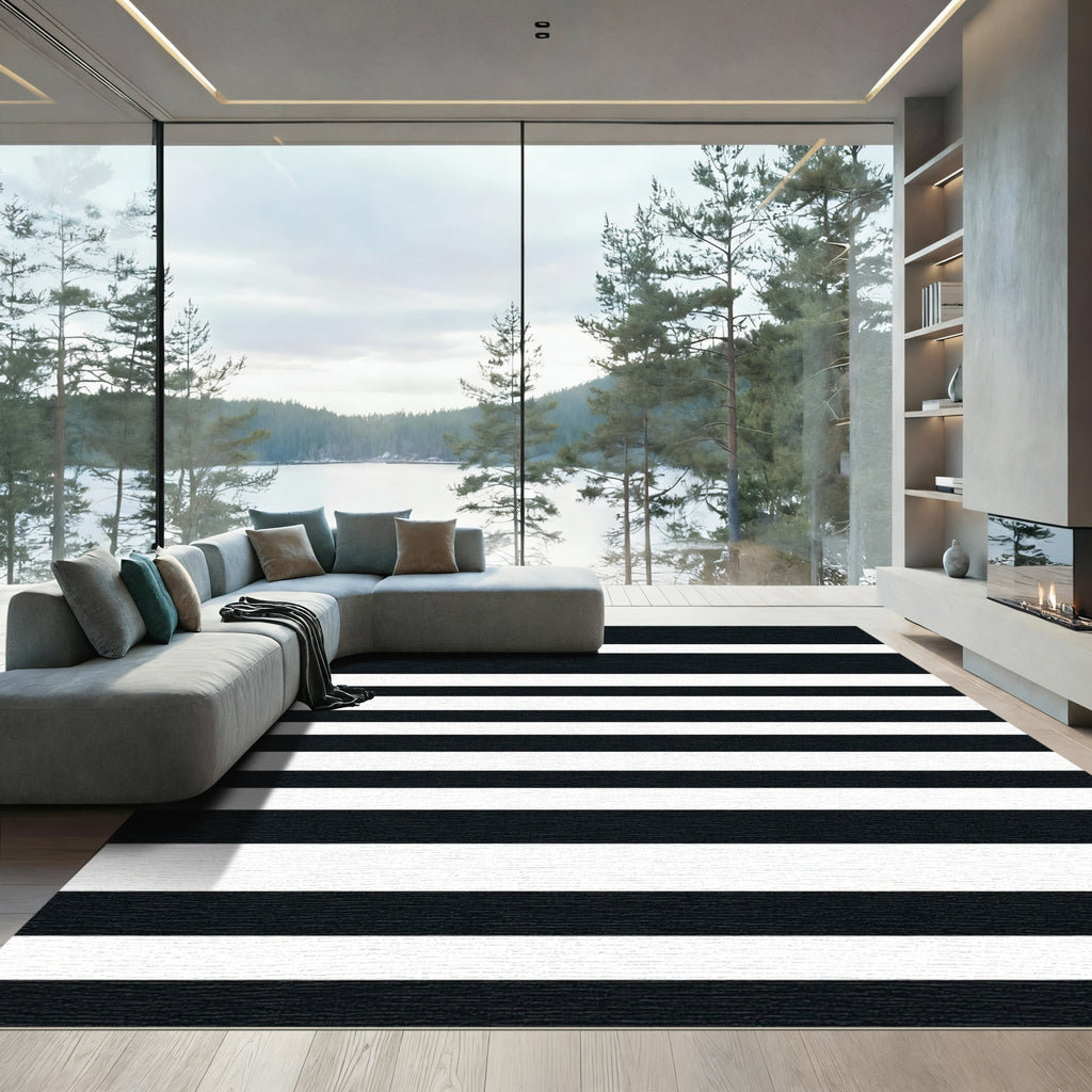 Bold Black and White Linear Bands Rug