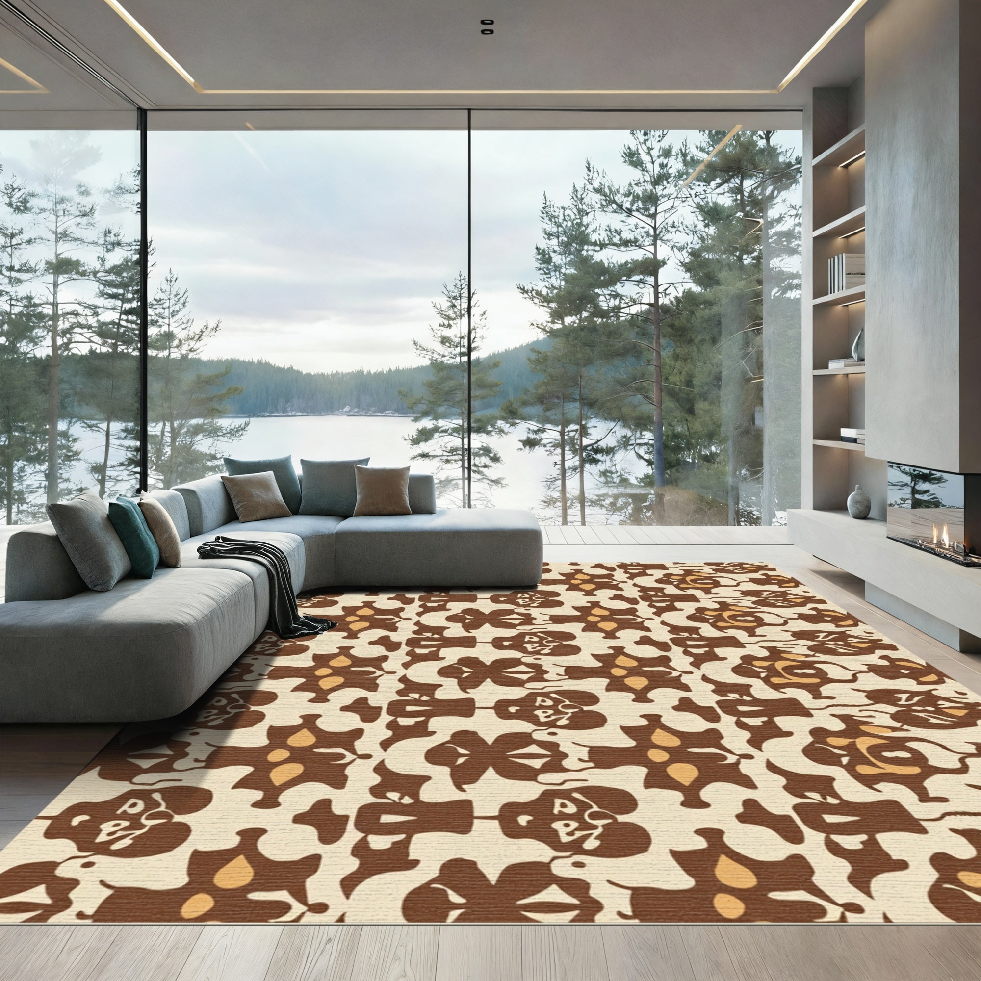 Brown Tan Abstract Floral Medallion Rug