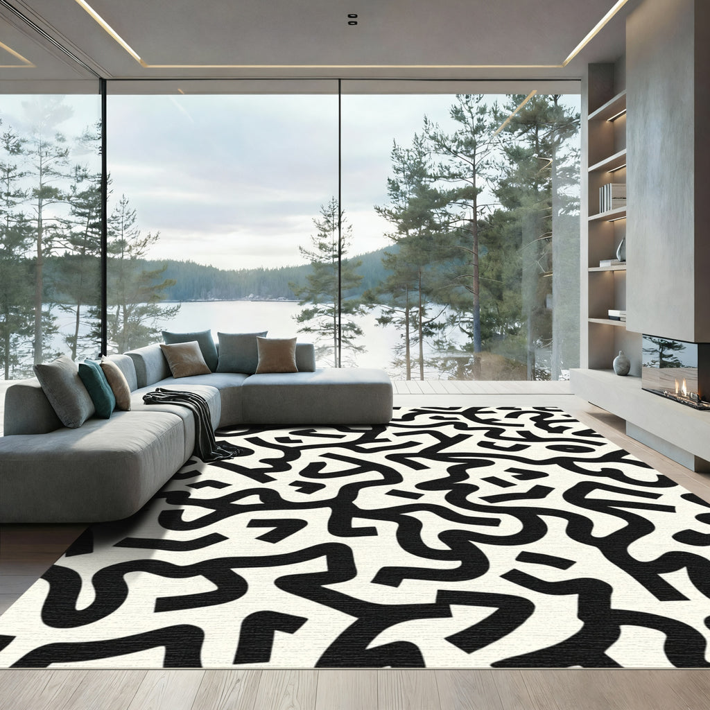 Black White Abstract Maze Rug