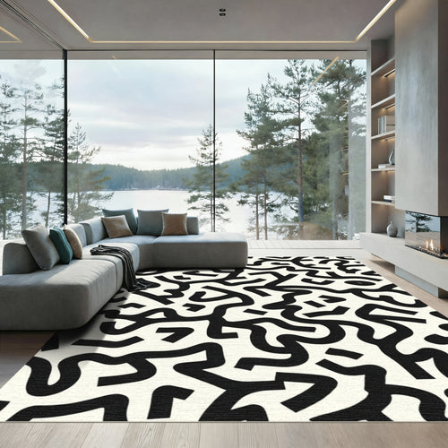 Black White Abstract Maze Rug