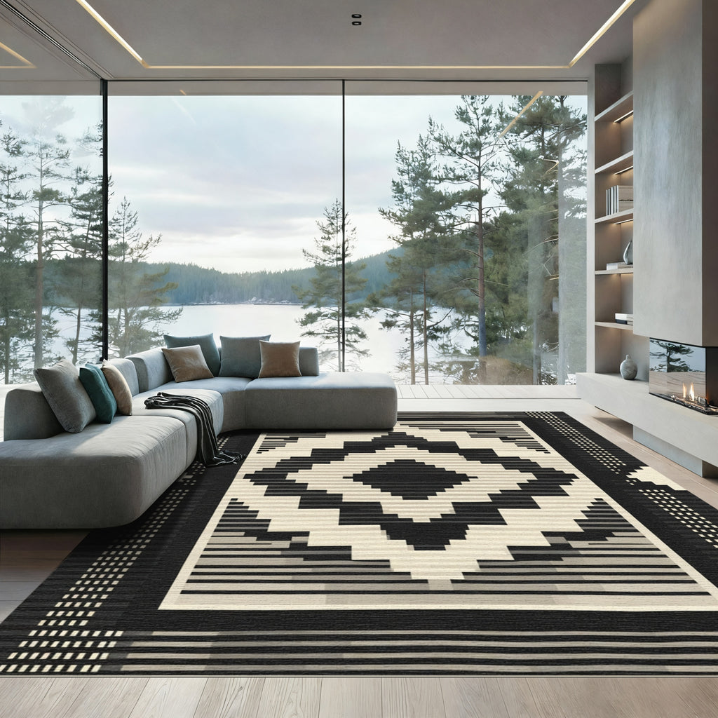 Geometric Diamond Stripe Black Cream Rug