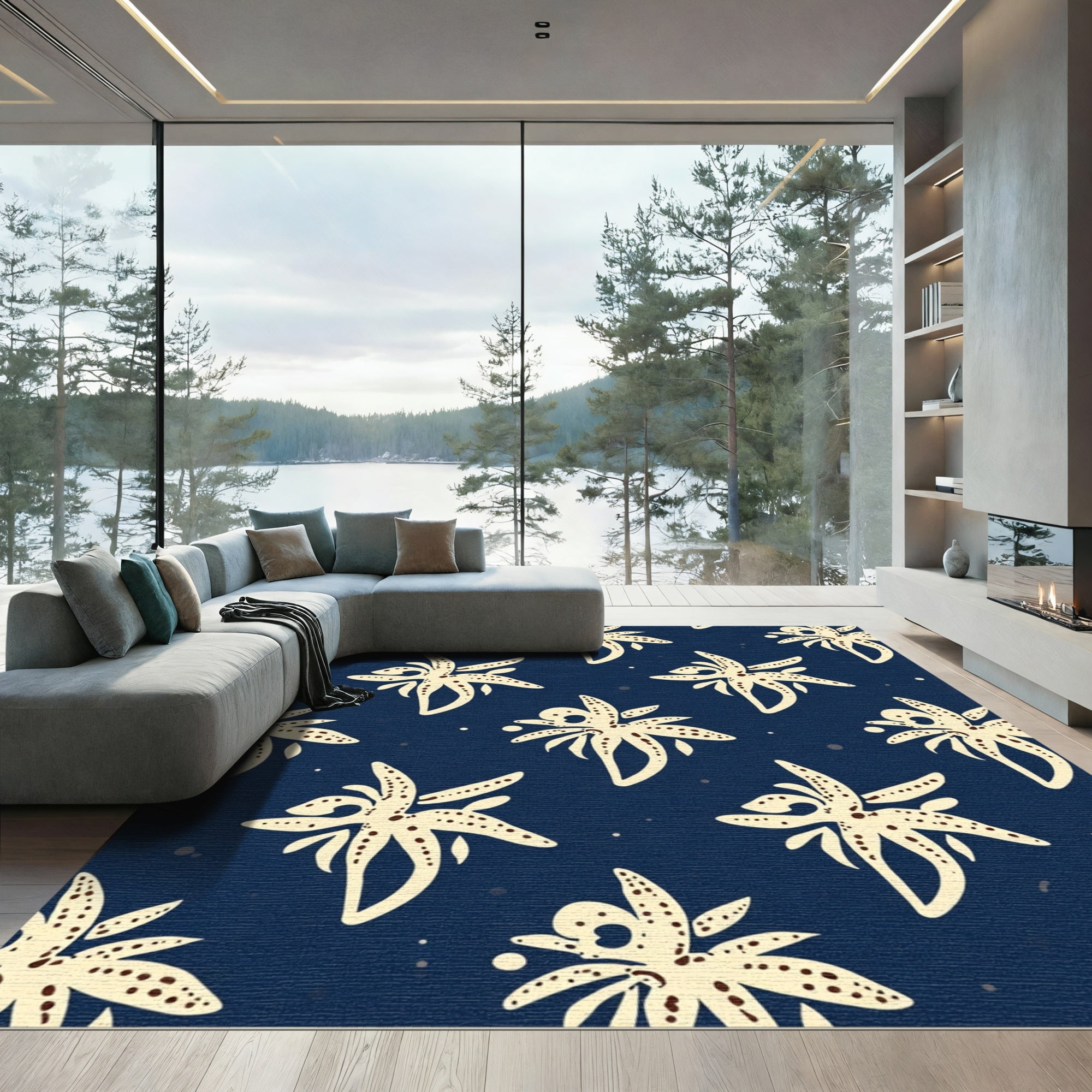 Cream Orchid Navy Background Repeat Rug
