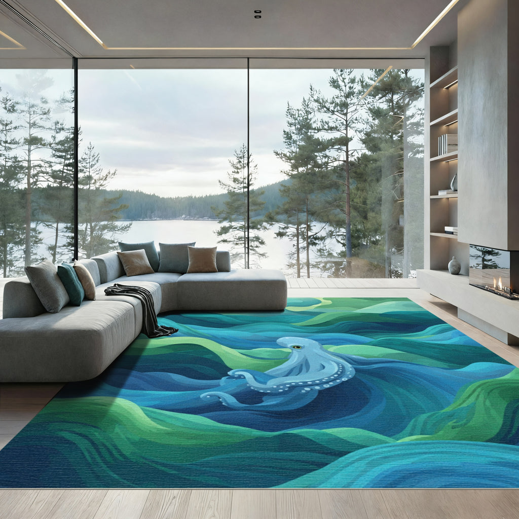 Blue Octopus Among Emerald Waves Rug