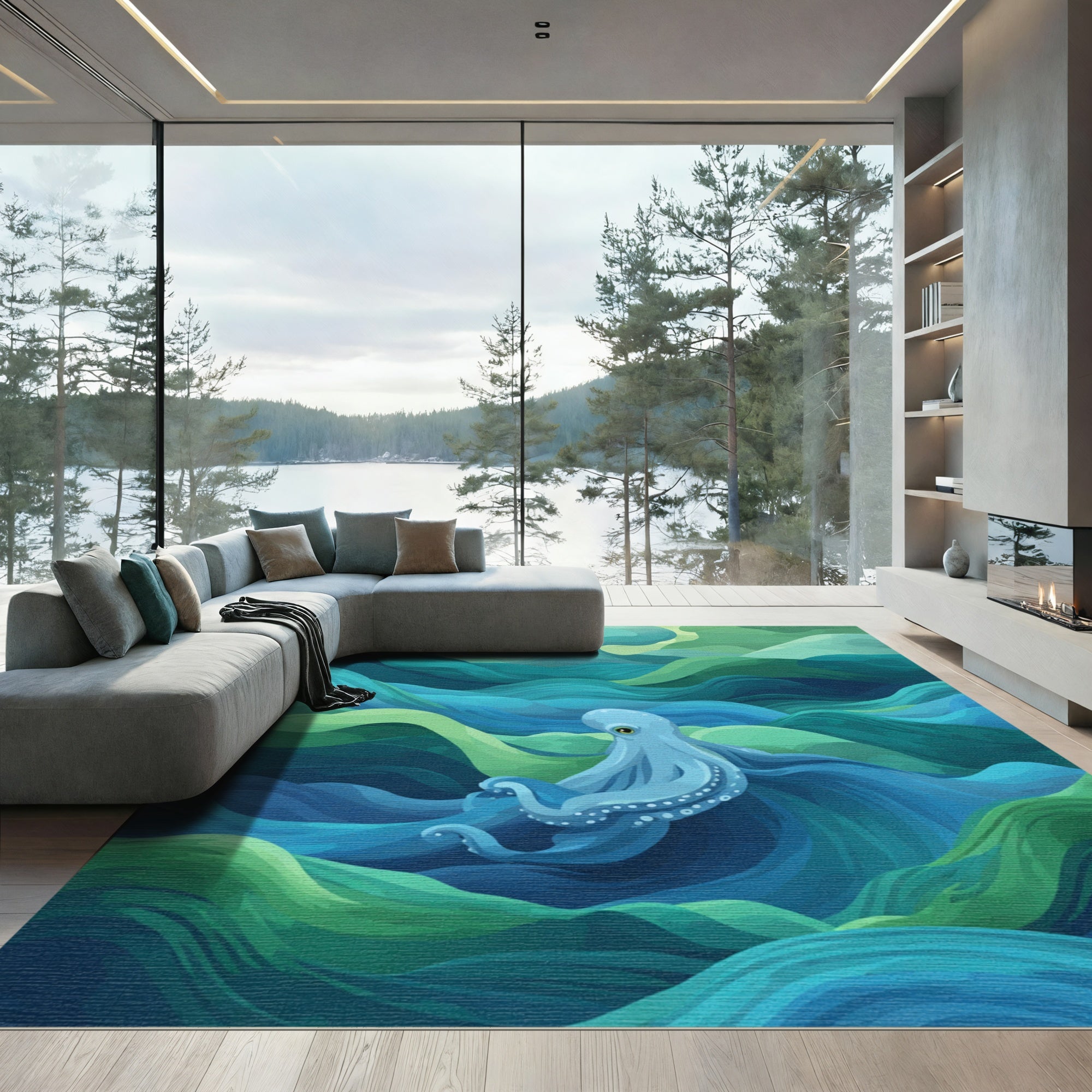 Blue Octopus Among Emerald Waves Rug