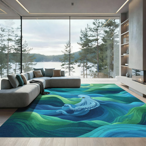 Blue Octopus Among Emerald Waves Rug