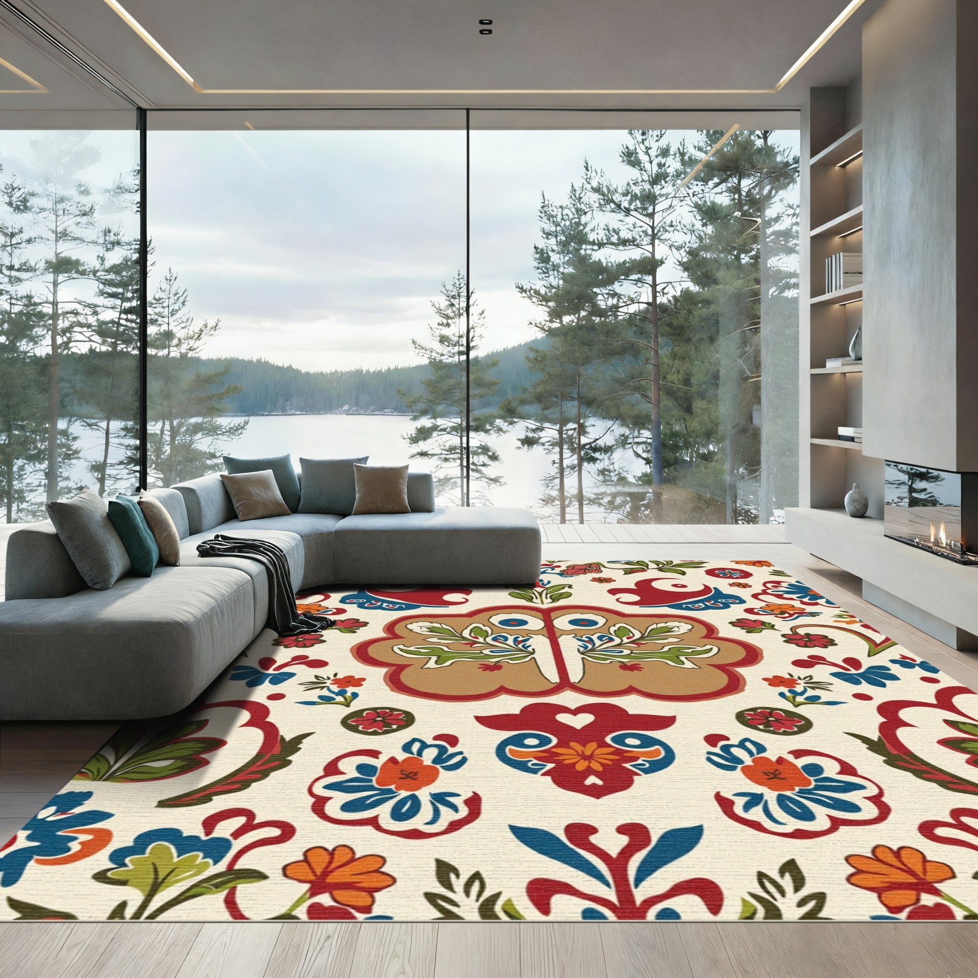 Folk Red Blue Garden Floral Medallion Rug