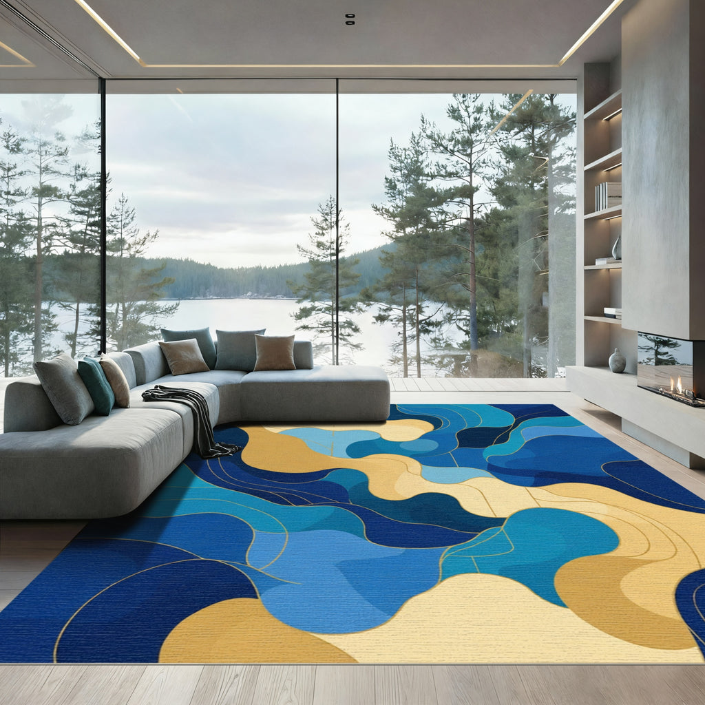 Navy Blue Gold Fluid Contour Rug