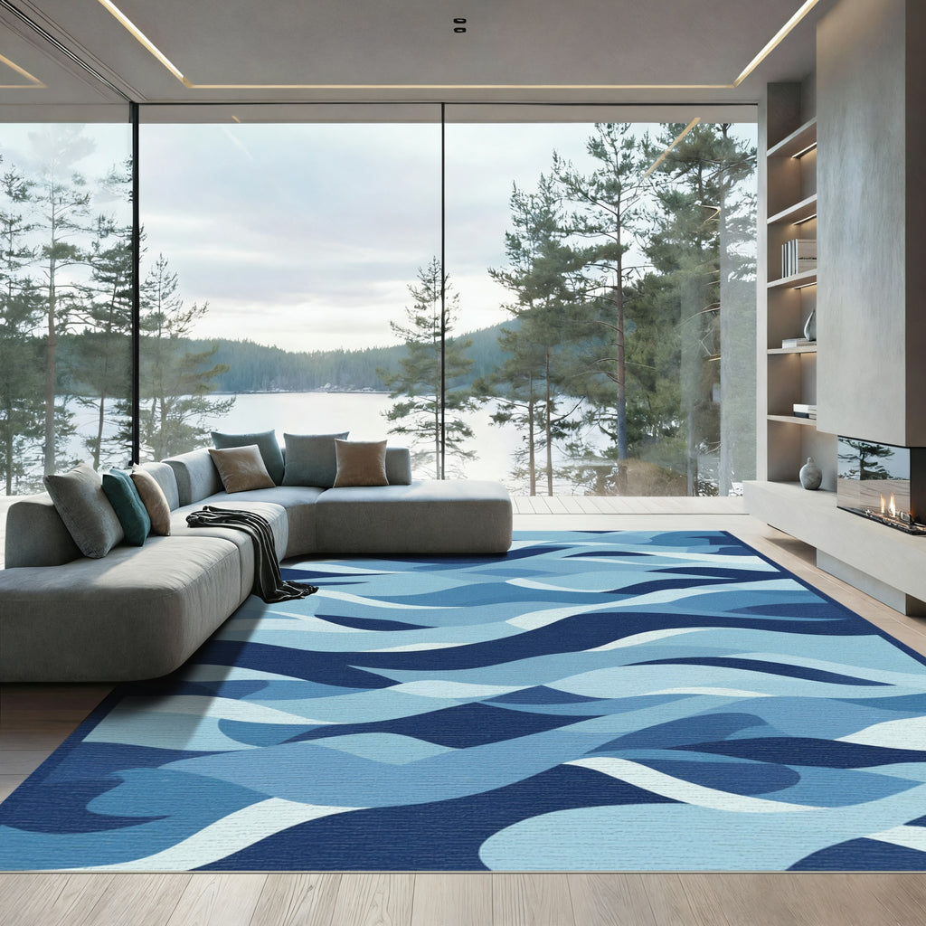 Modern Deep Blue Ocean Waves Rug