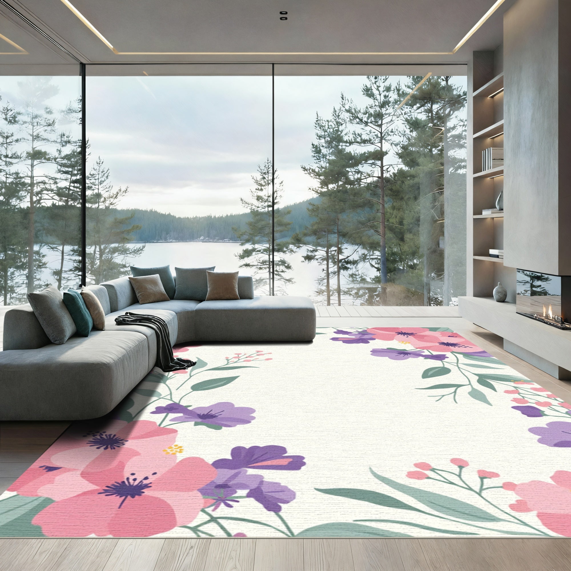 Pink Purple Floral Branch Accents Rug