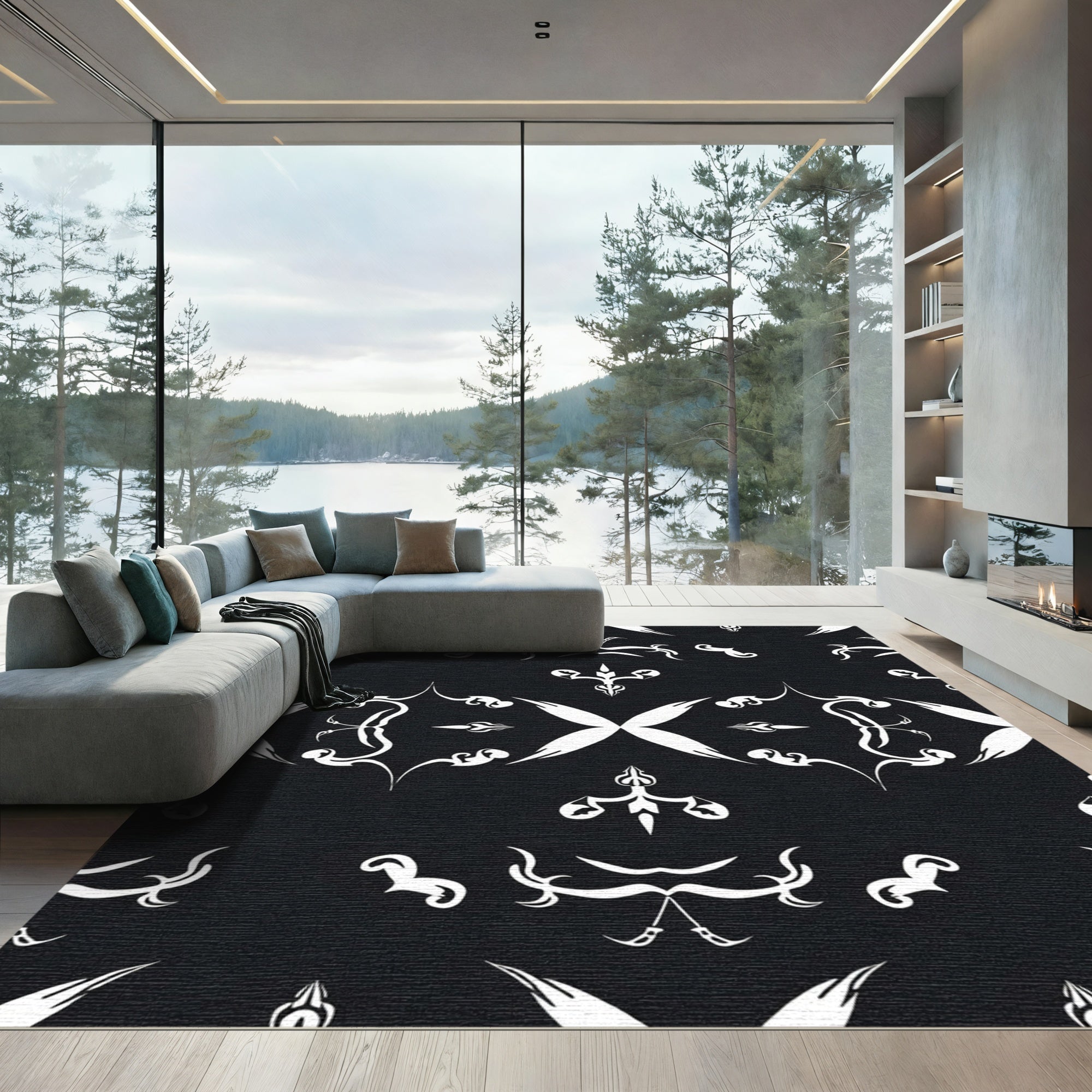Black White Damask Ornamental Arabesque Rug