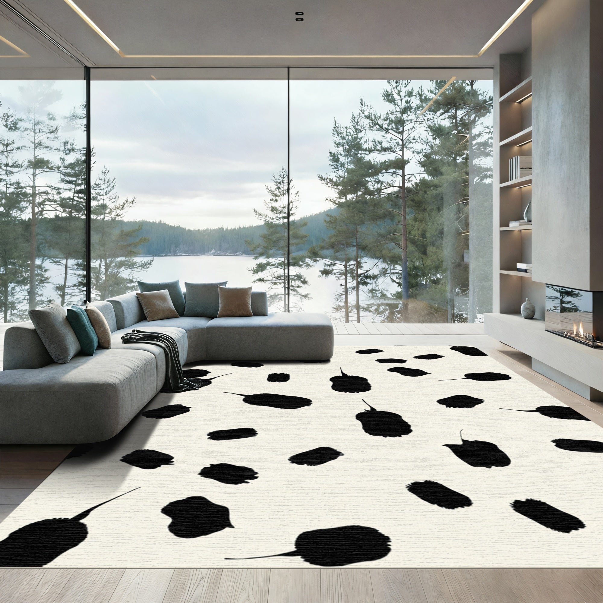 Black Brushstroke Spots Ivory Rug