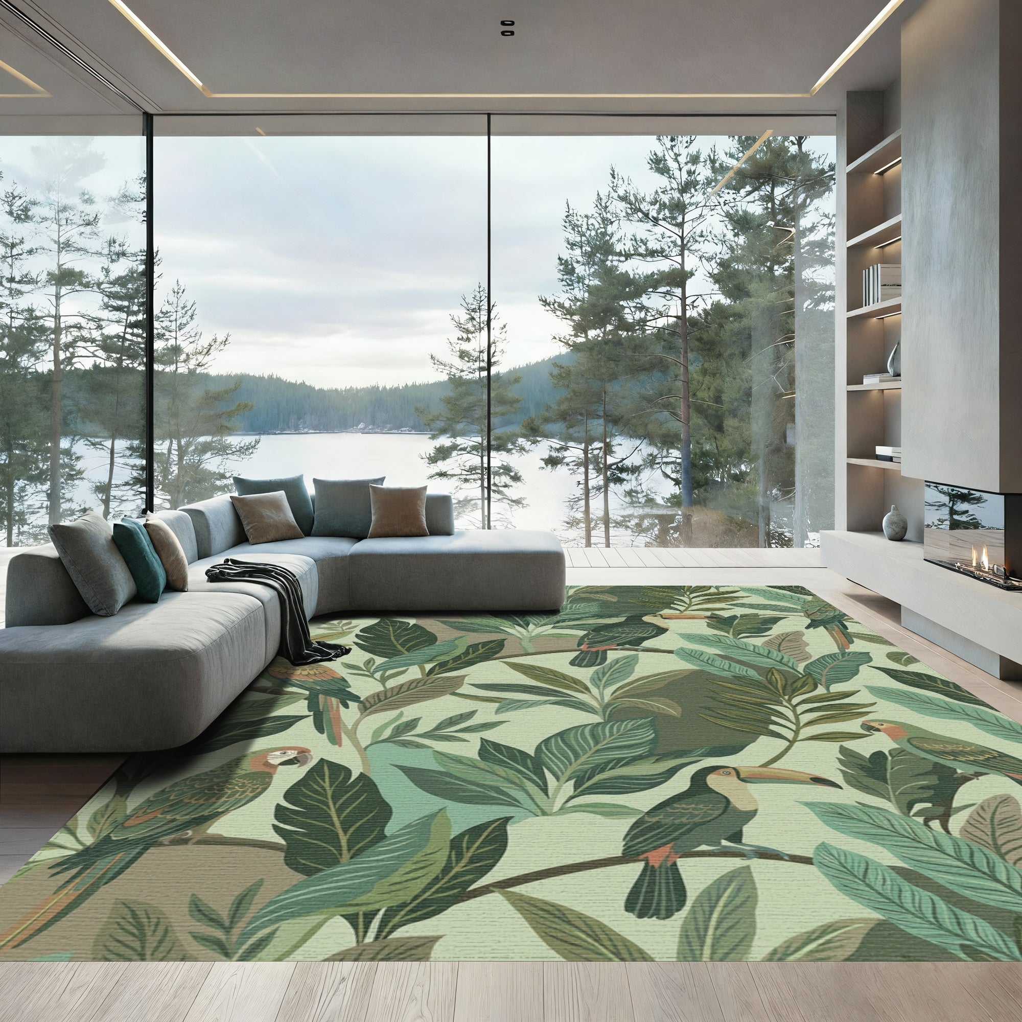 Tropical Parrots and Toucans Foliage Rug
