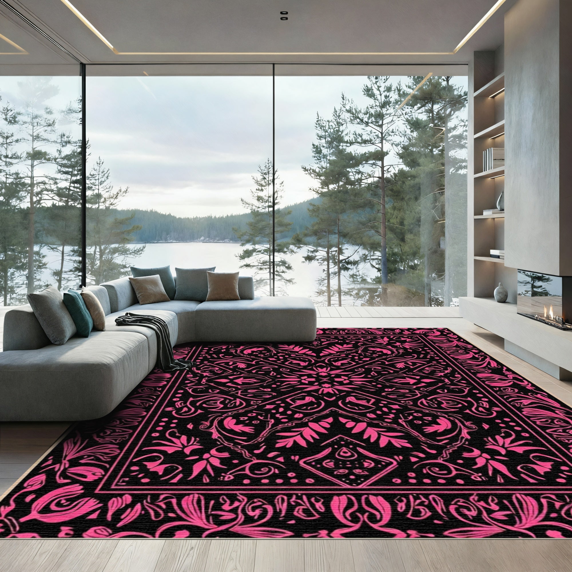Vibrant Pink Floral Mandala Black Rug