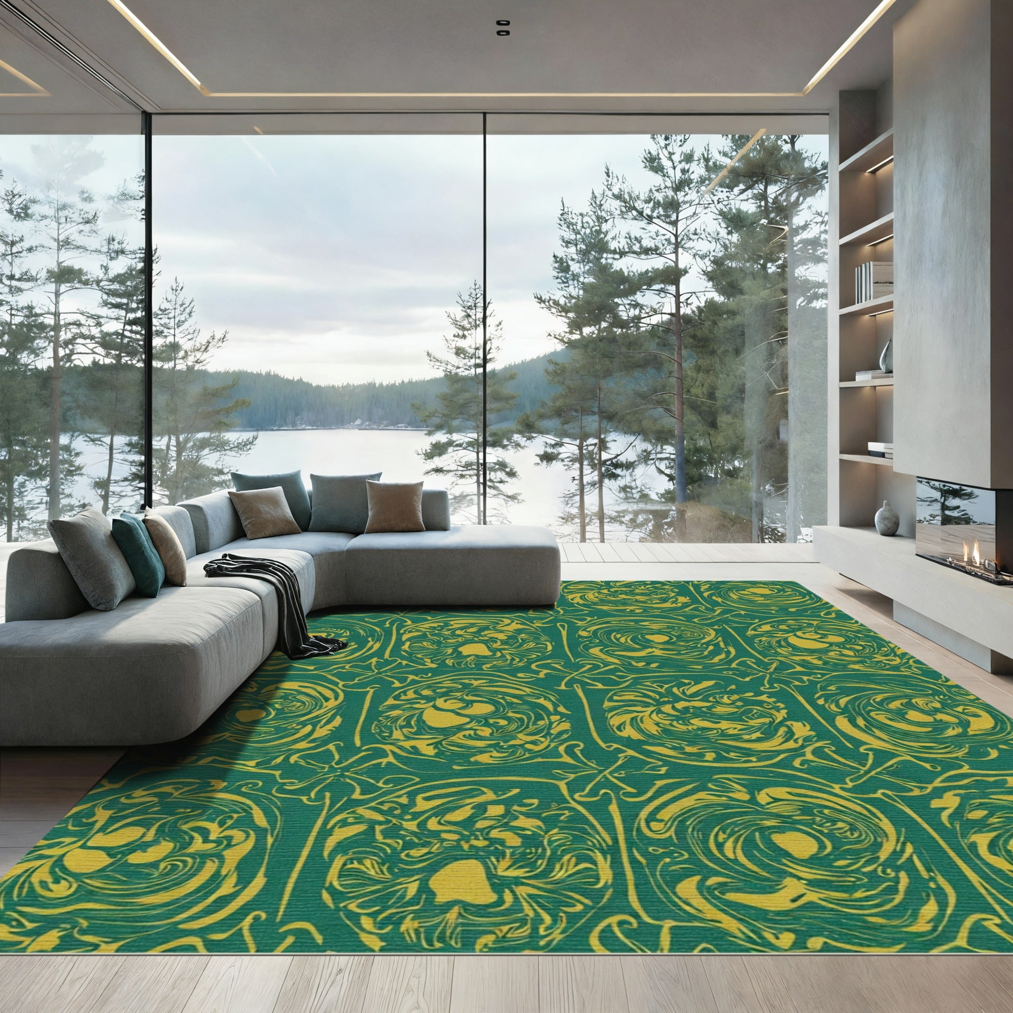Emerald Green Golden Swirl Medallion Rug