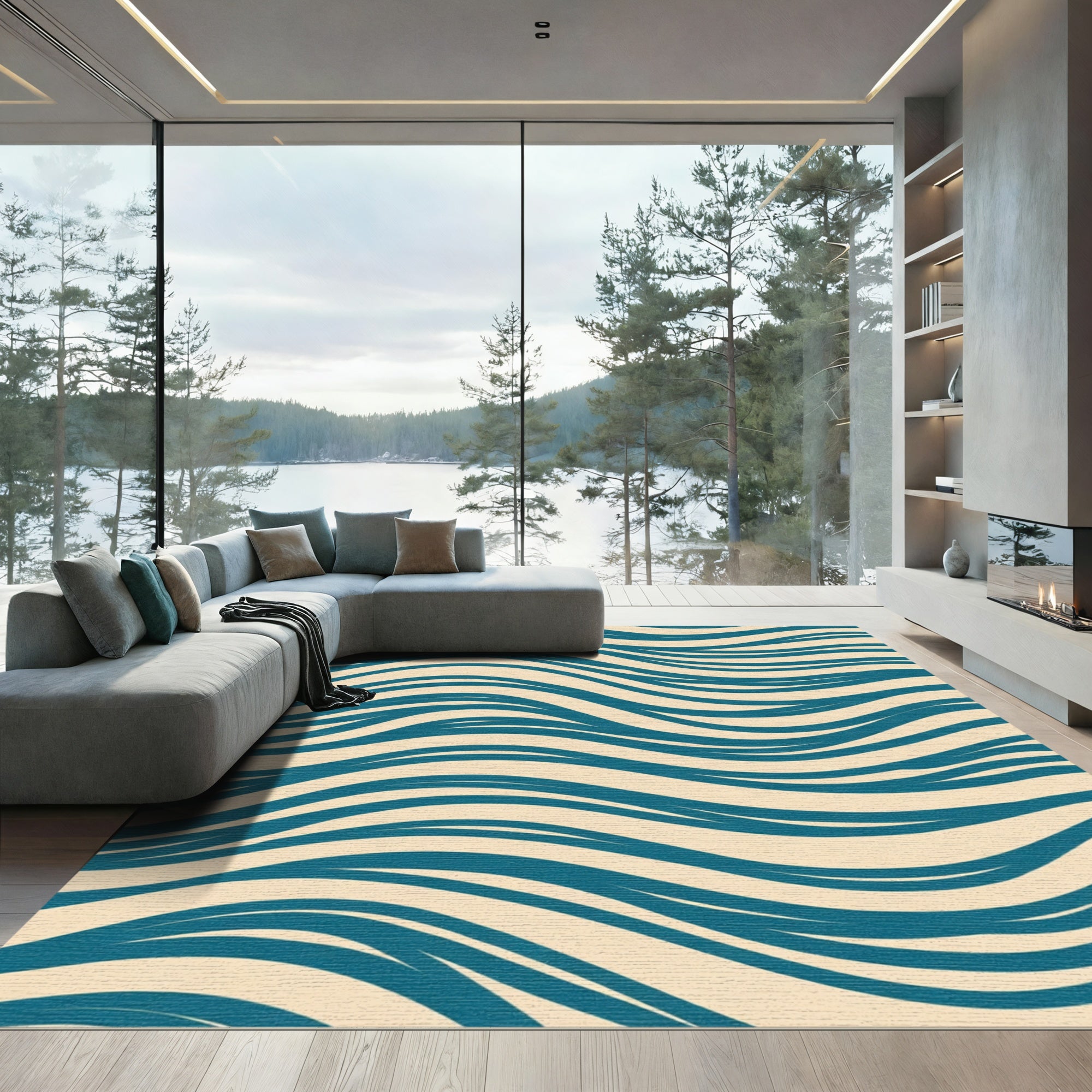 Deep Teal Wave Abstract Rug