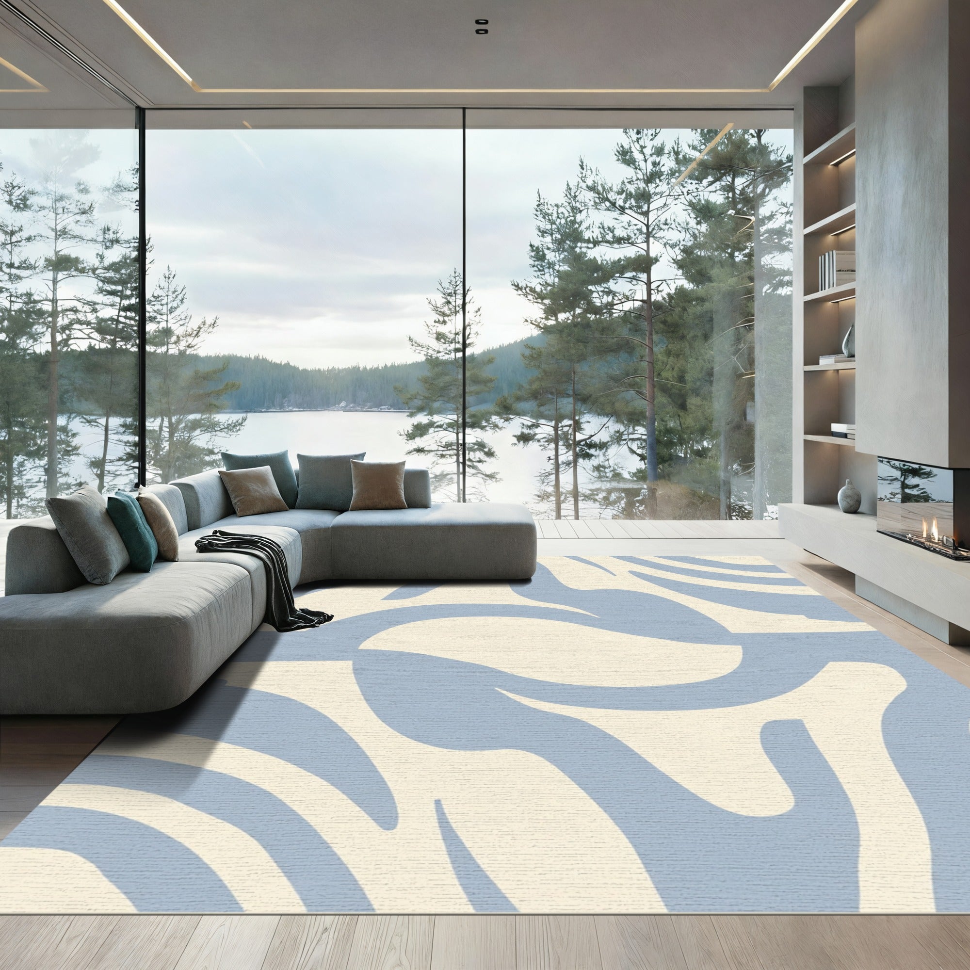 Soft Blue Cream Abstract Swirls Rug