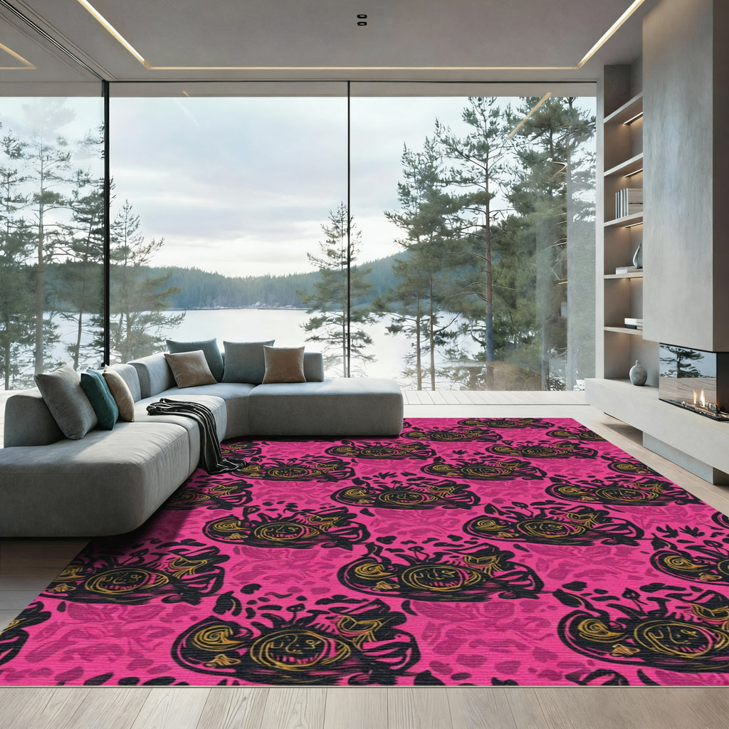 Hot Pink Black Gold Floral Swirl Rug