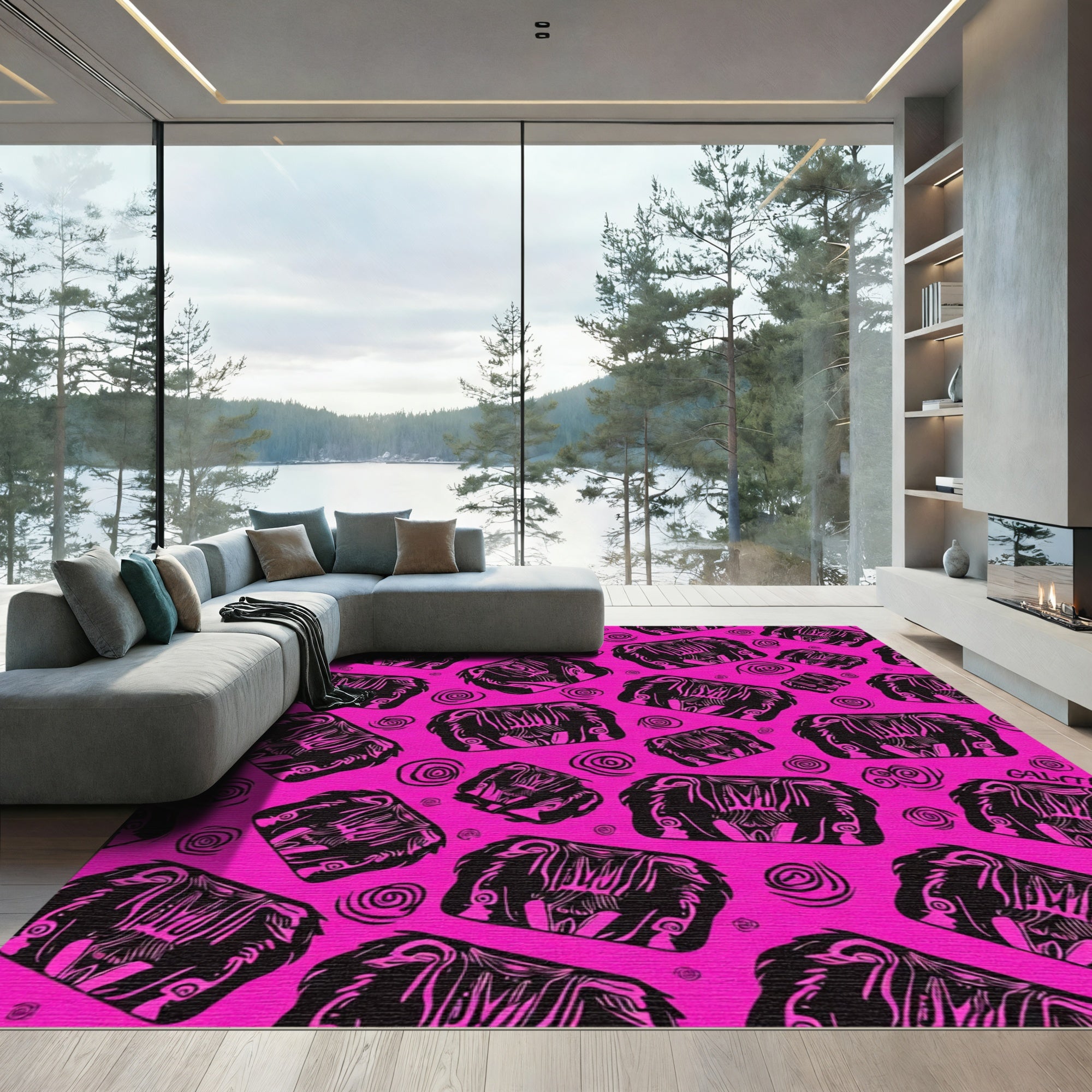 Vivid Pink Black Tribal Element Swirl Rug
