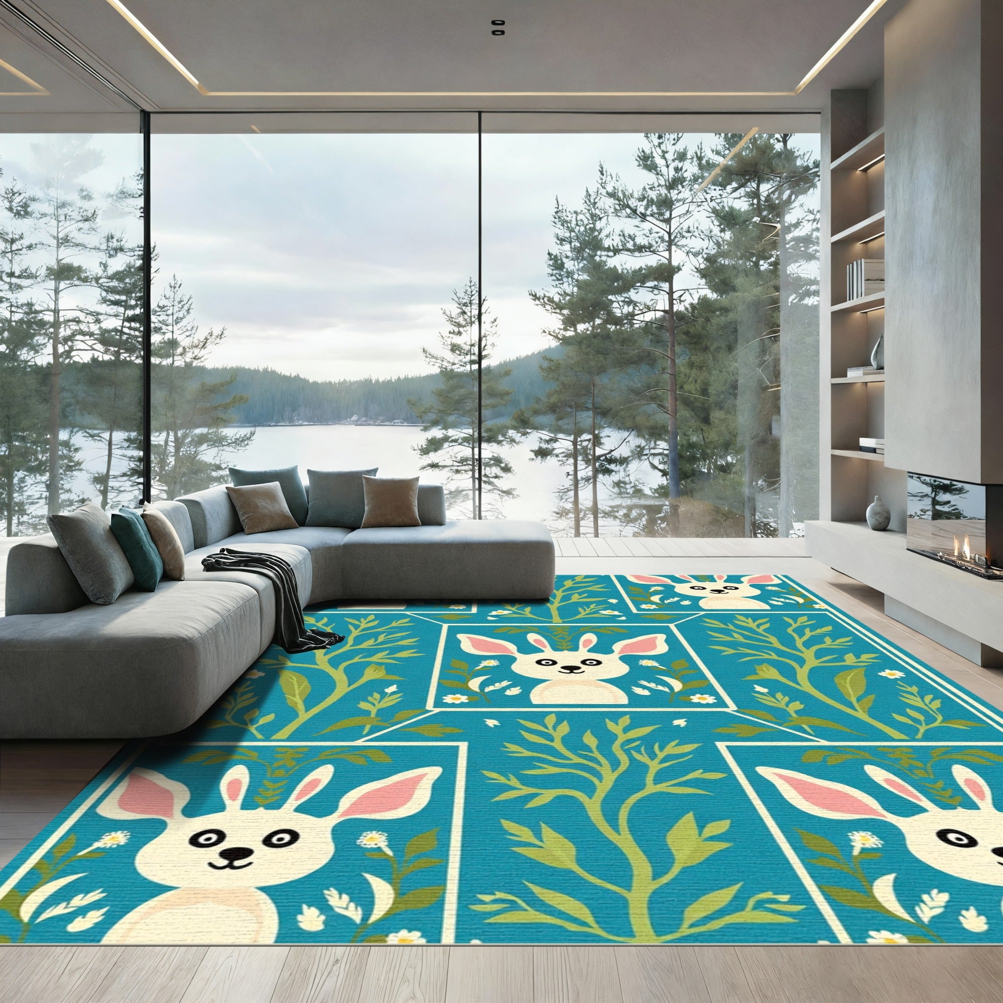 Teal Whimsical Rabbit Garden Border Rug