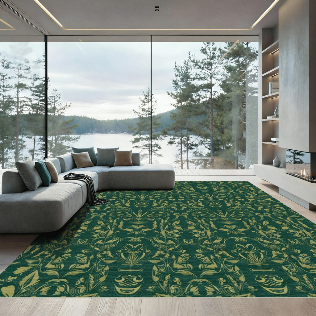 Emerald Green Gold Damask Botanical Rug