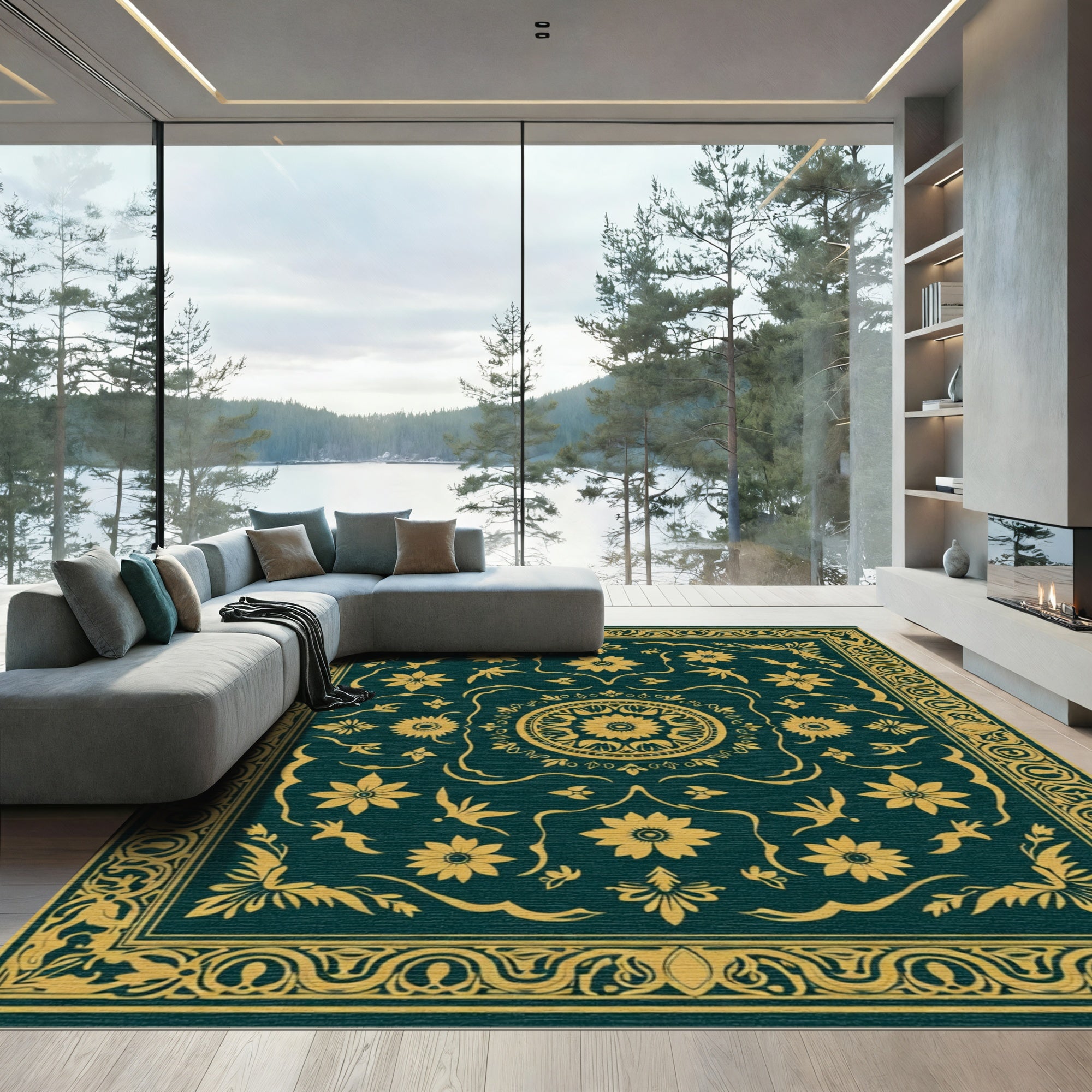 Gold Floral Medallion Teal Rug