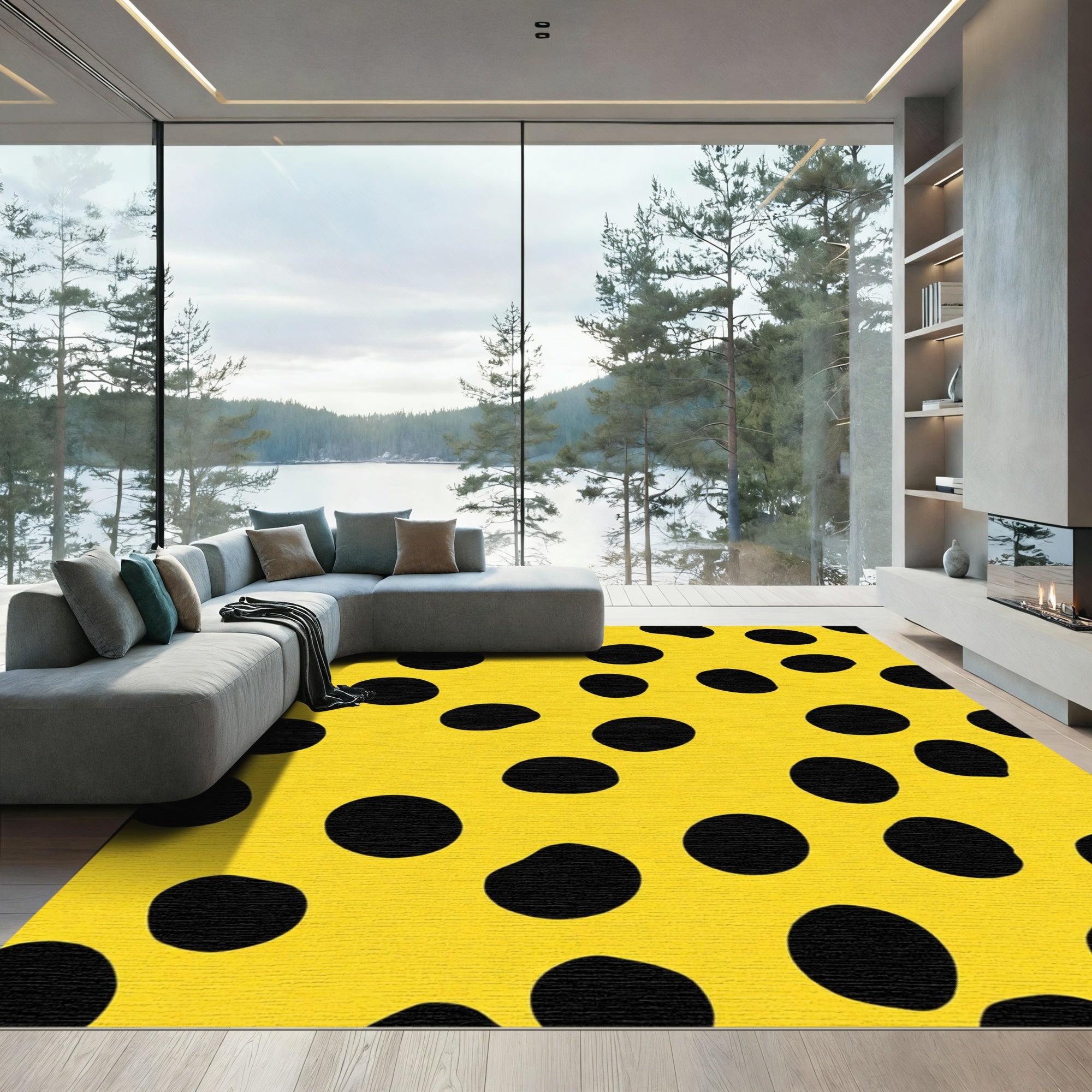 Sunny Yellow Black Polka Dot Rug
