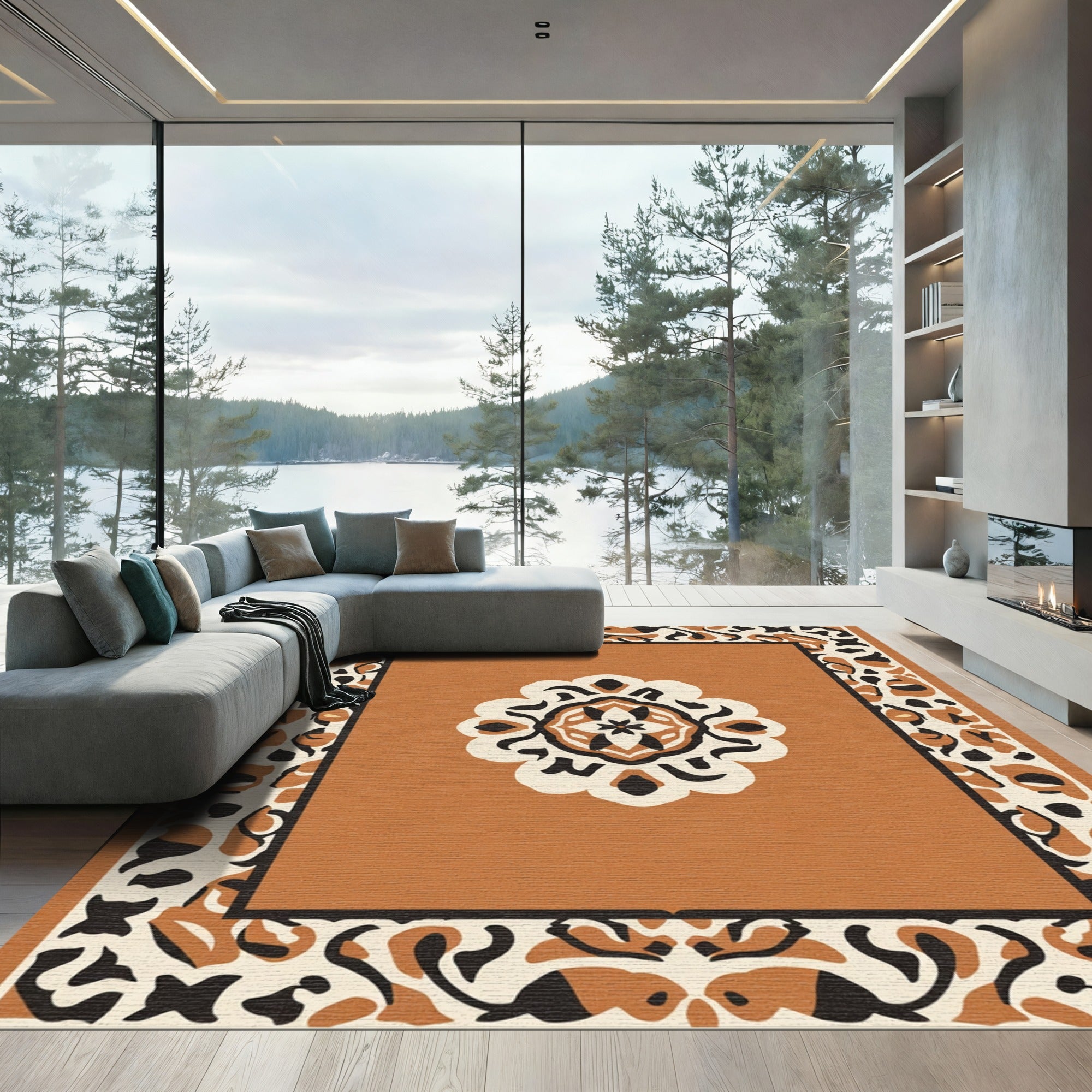Terracotta Medallion Floral Border Rug