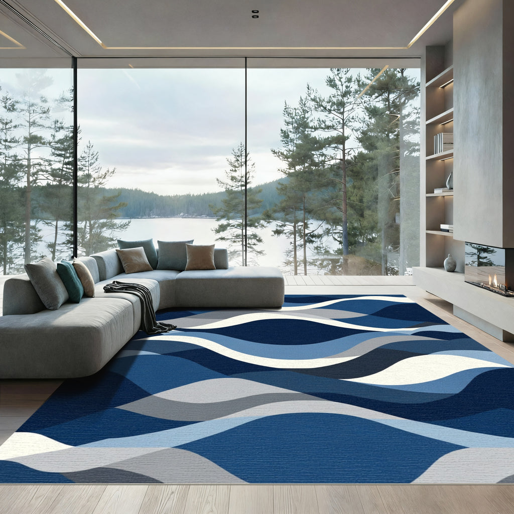 Deep Blue Layered Wave Rug