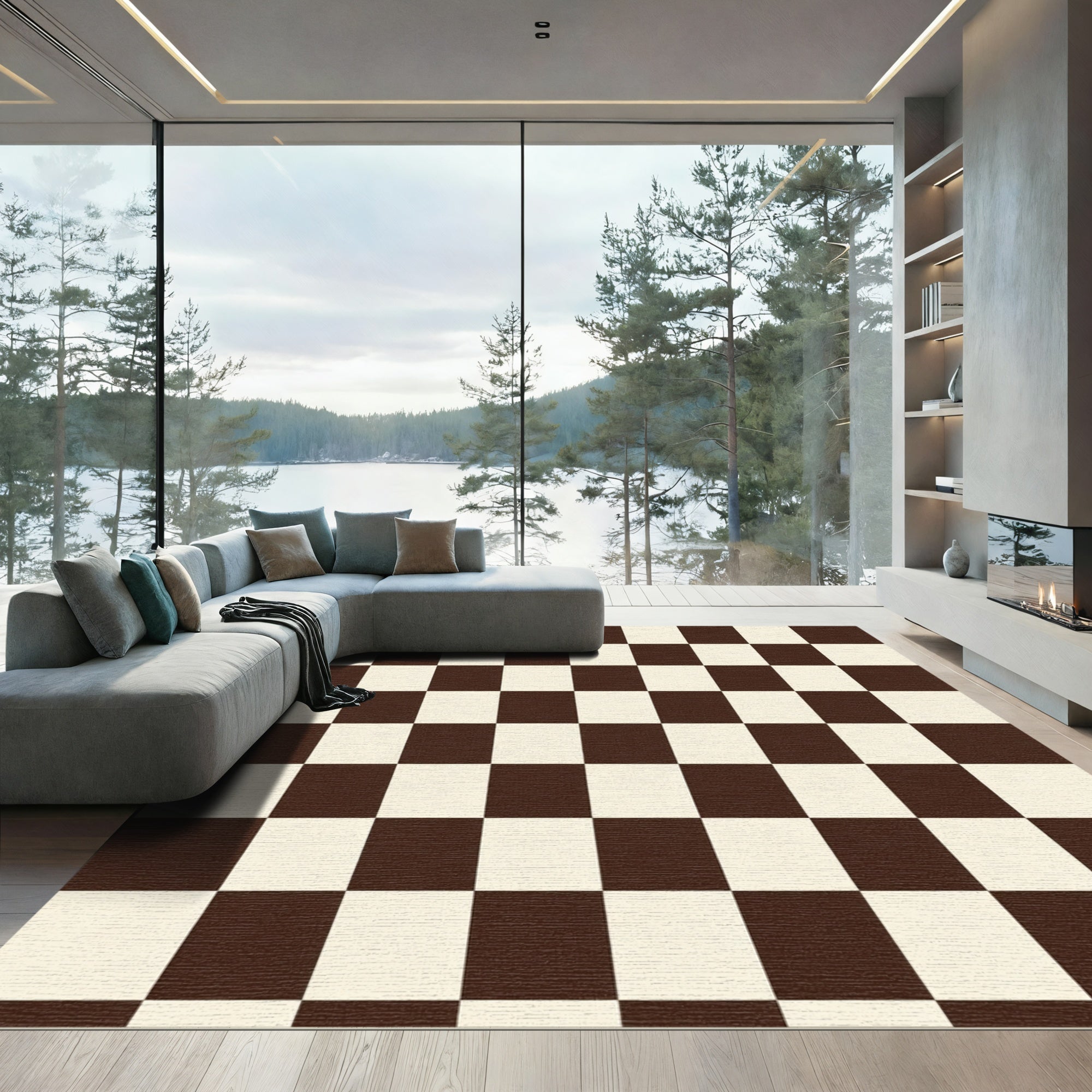 Brown Cream Checkerboard Squares Rug