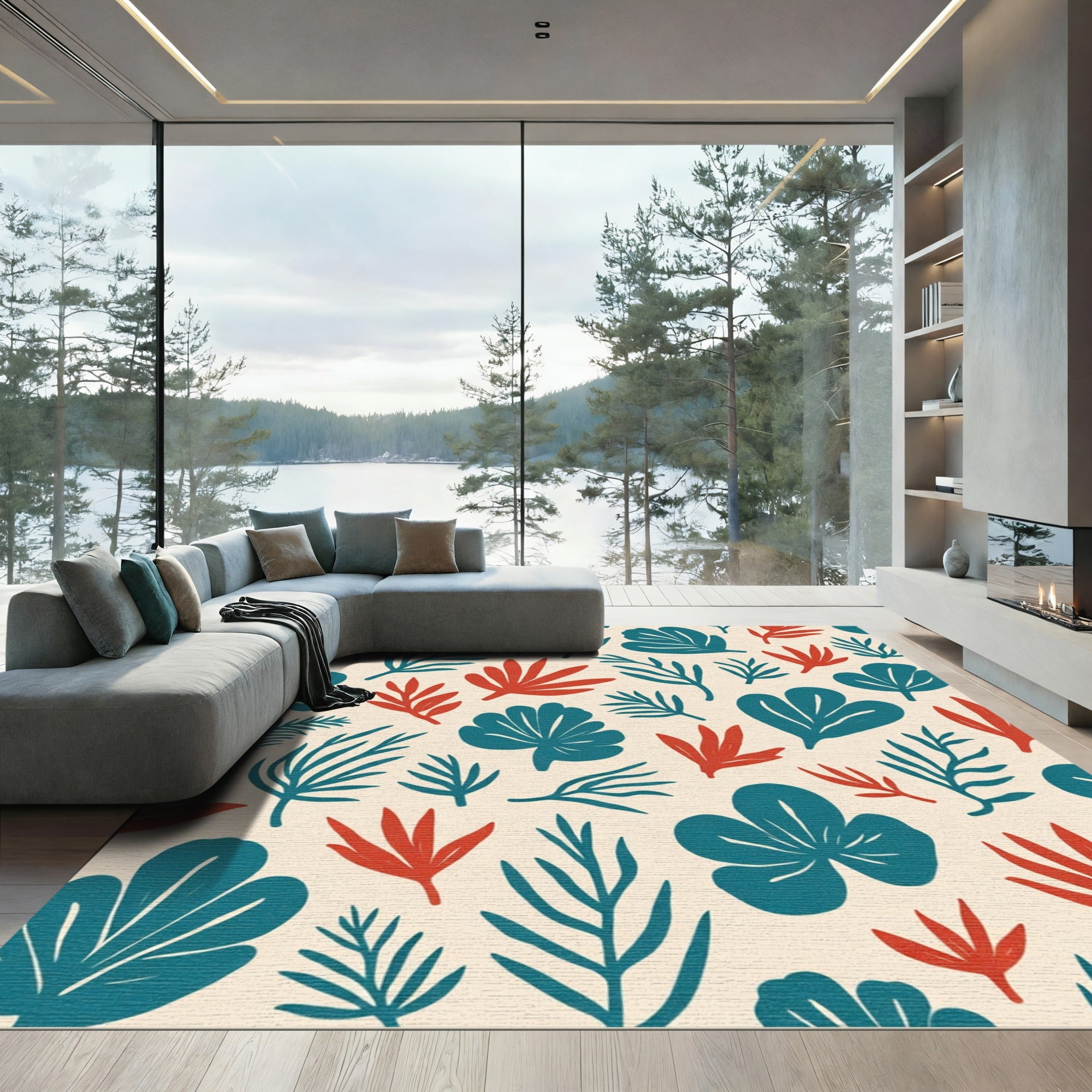 Teal Red Tropical Leaf Composition Rug