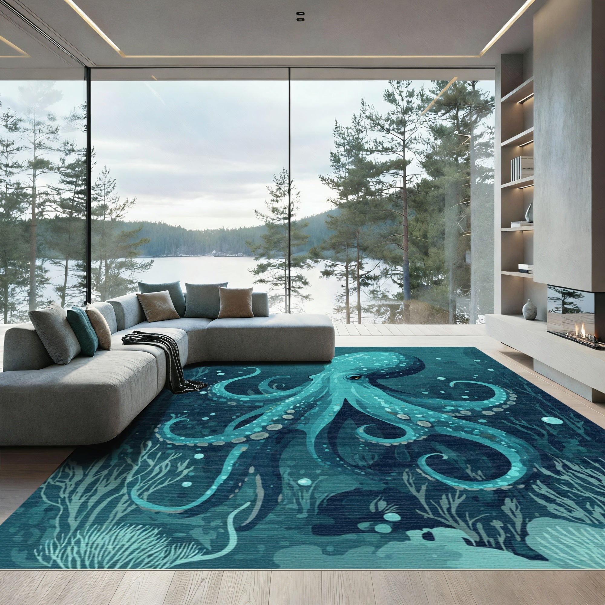 Deep Teal Octopus Underwater Scene Rug