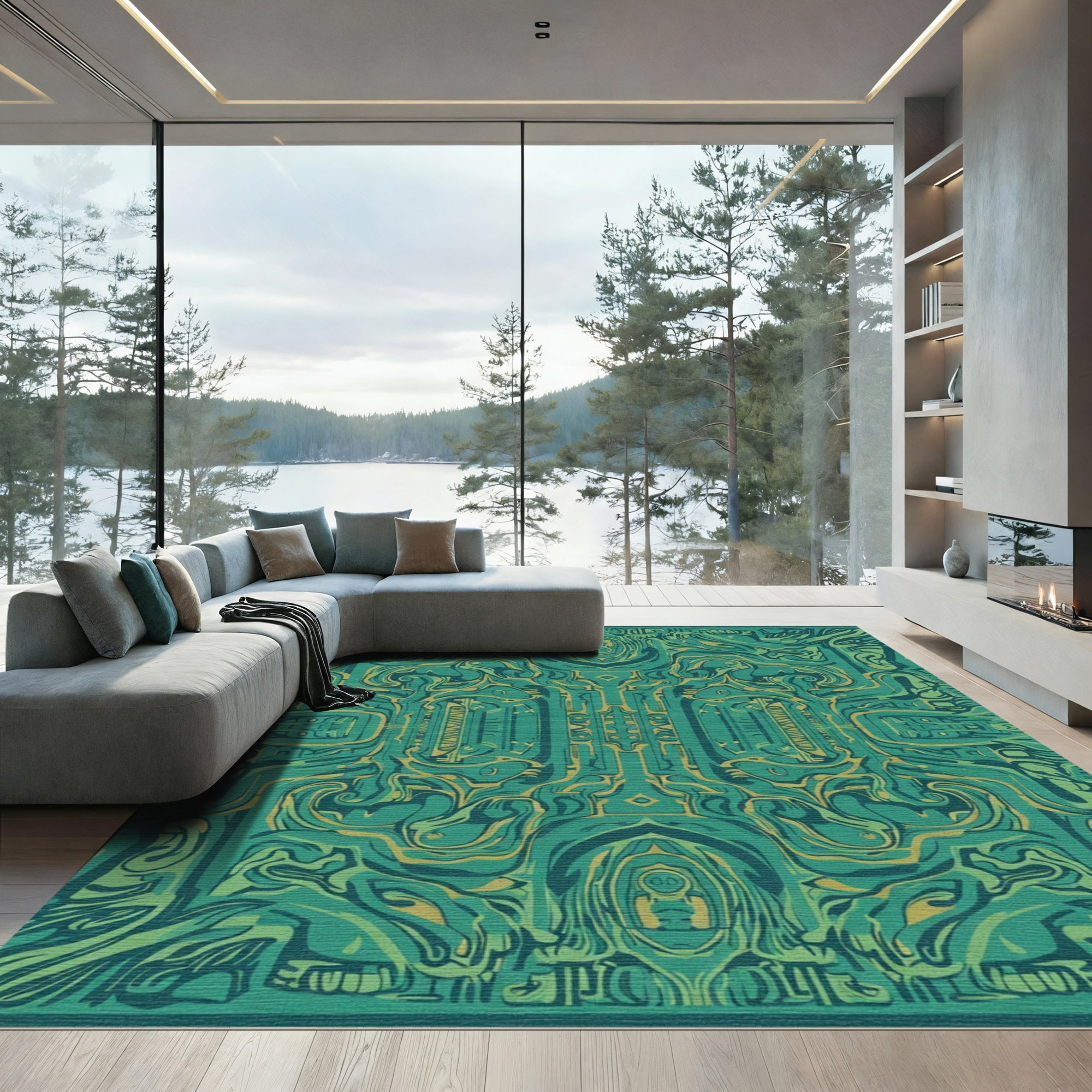 Abstract Emerald and Gold Flow Rug