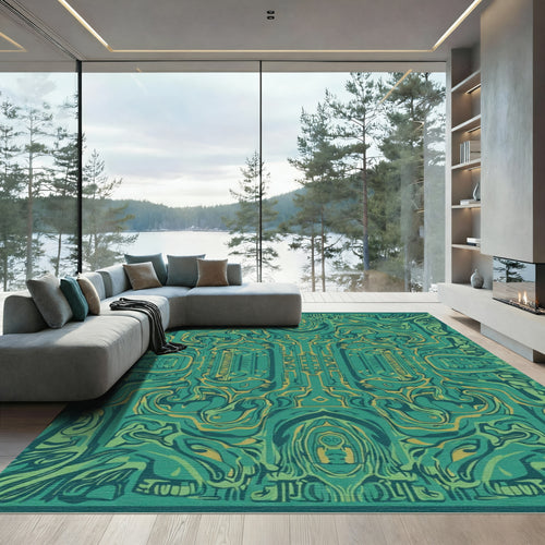 Abstract Emerald and Gold Flow Rug
