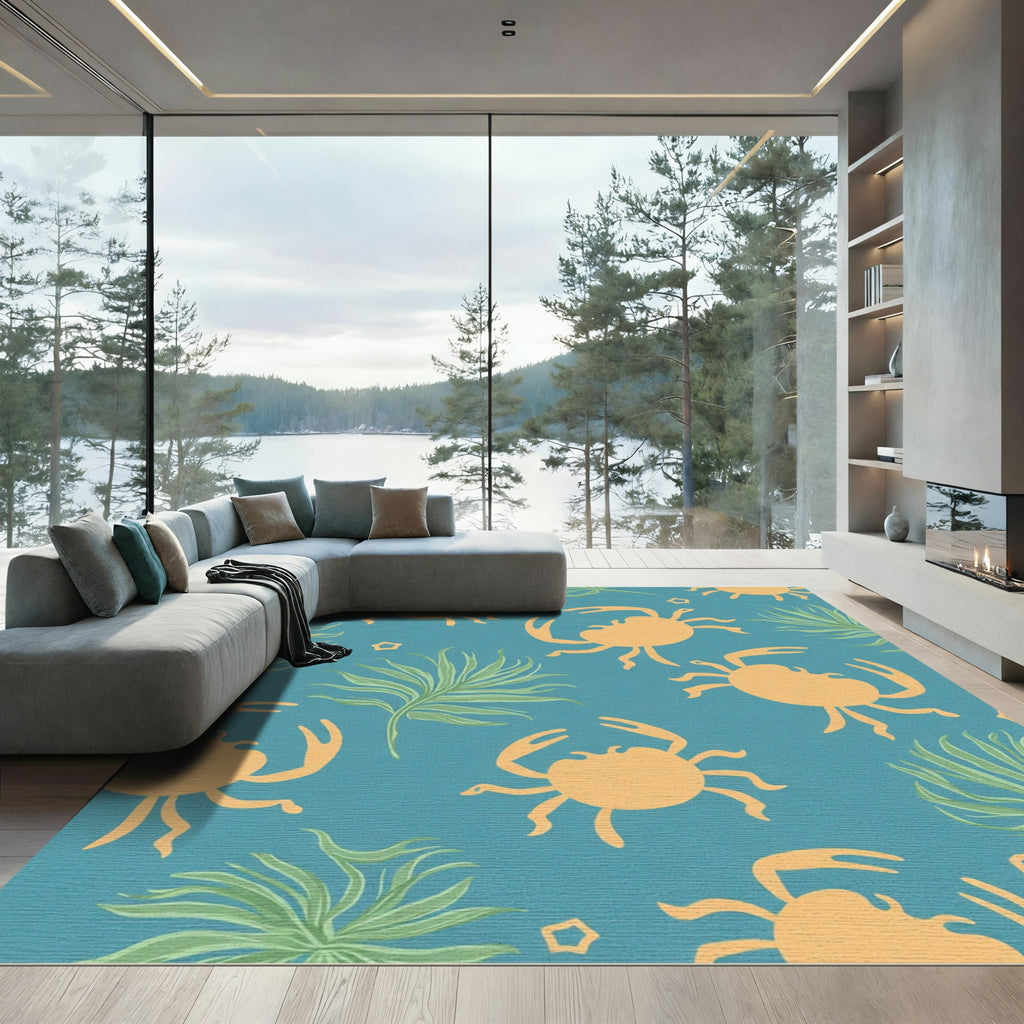 Coastal Orange Crab Teal Landscape Rug